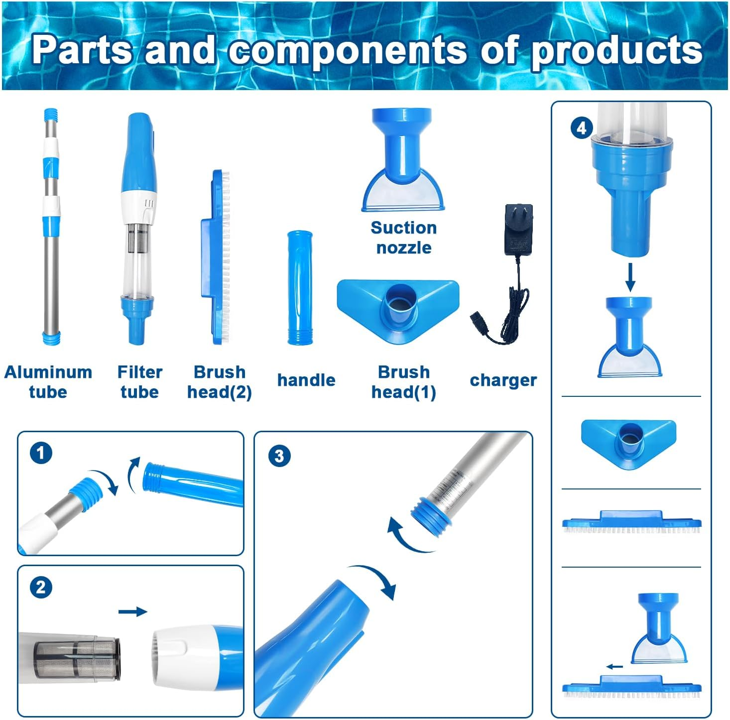 3 in 1 Pool Vacuum Cleaner, Electric Pool Hoover with Length Adjustable Handle, Rechargeable Vacuum for Spas, Hot Tubs, Small Pools - Running Time up to 90 Minutes, Blue image number 1