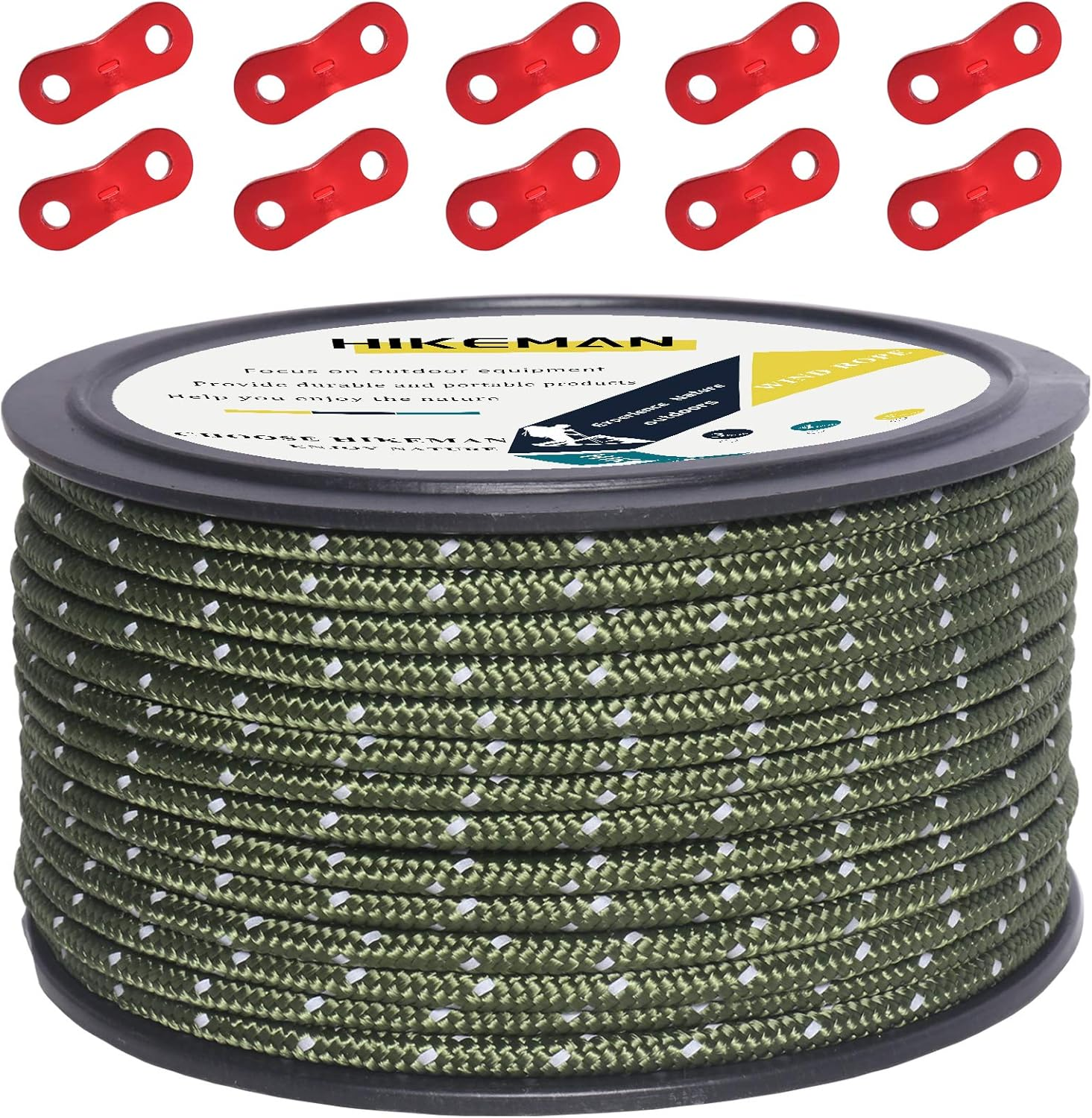 HIKEMAN 50M Reflective Guyline Solid Braid Nylon Camping Rope with Aluminum Adjuster Cord Tensioner Tent Accessory for Outdoor Travel,Hiking,Backpacking and Water Activities (Yellow, 3Mm)