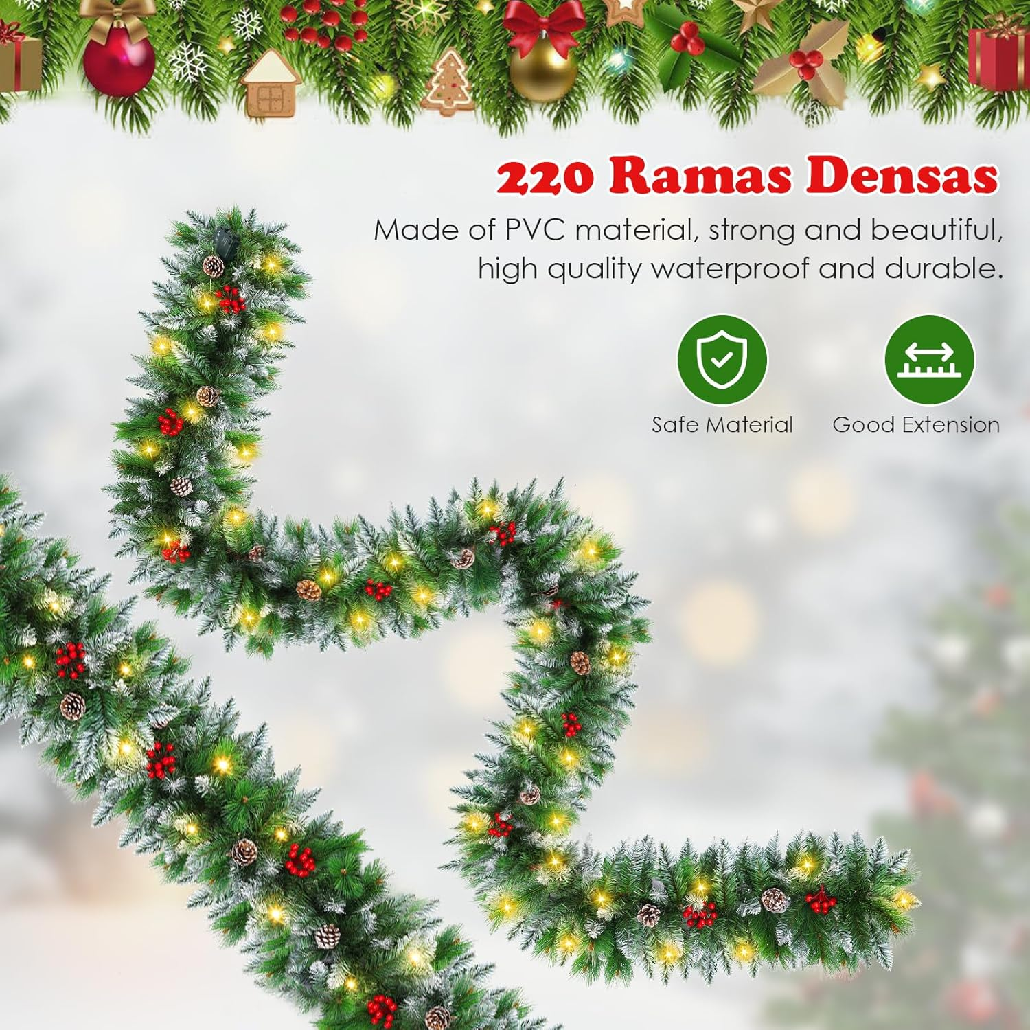 Christmas Garland, 270CM Valentine'S Day Wreaths with Battery Operated LED Lights Artificial Flower Vine for Front Door Home Stairs Fireplace Xmas Tree Indoor Outdoor Christmas Decor image number 6