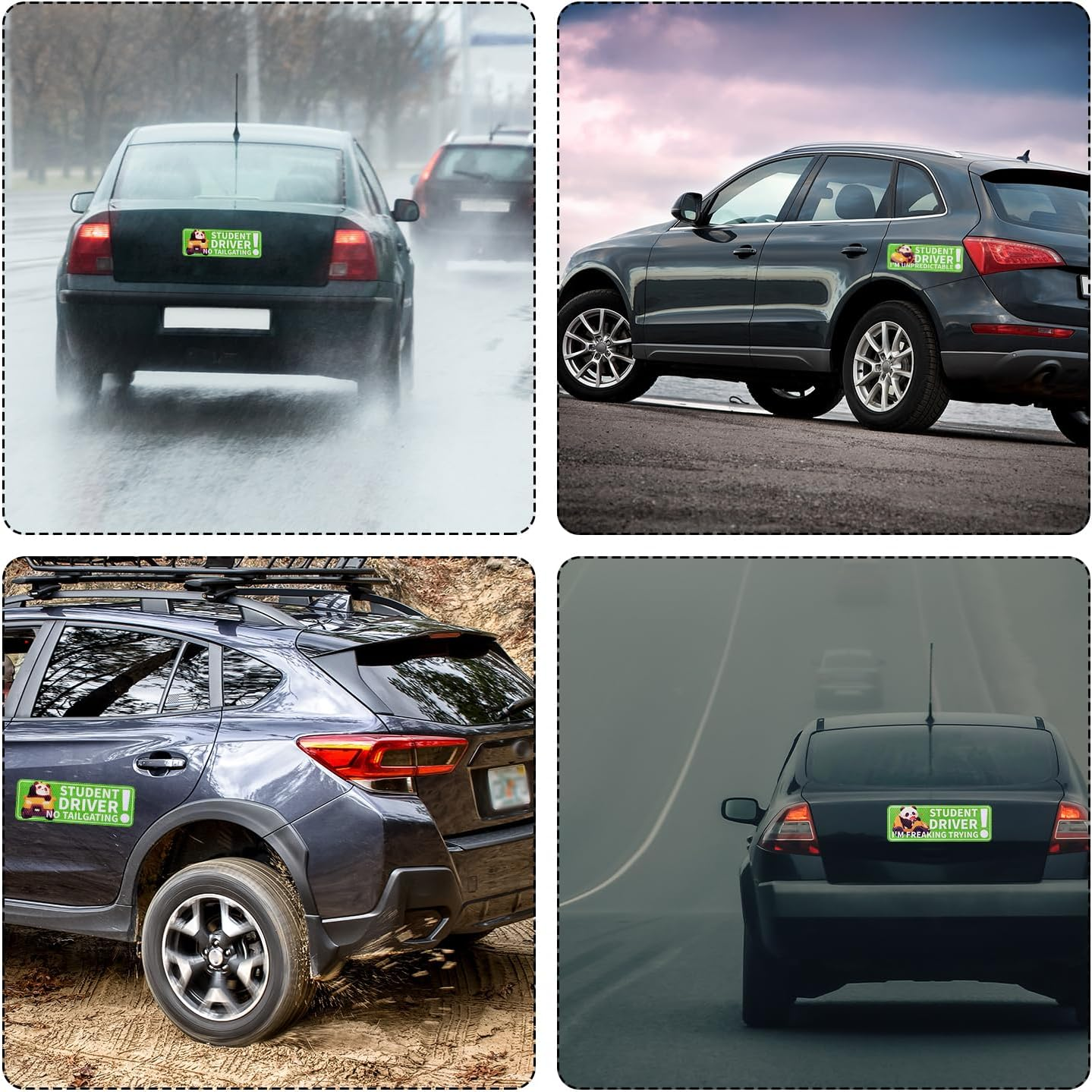 3Pcs Reflective Magnetic Car Stickers, 10.04X3.5In Premium Magnet Cute Panda Pattern Car Magnetic Stickers Safety Signs Suitable for Student Car Novice Drivers(Green) image number 4