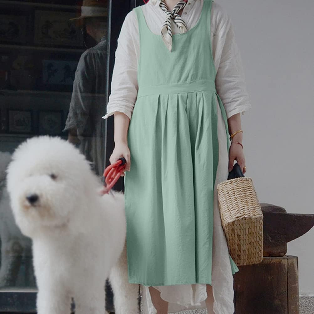 Women Girls Vintage Pleated Split Apron V Neck Gardening Works Cotton Overall Smock Pinafore Dress - Green image number 4