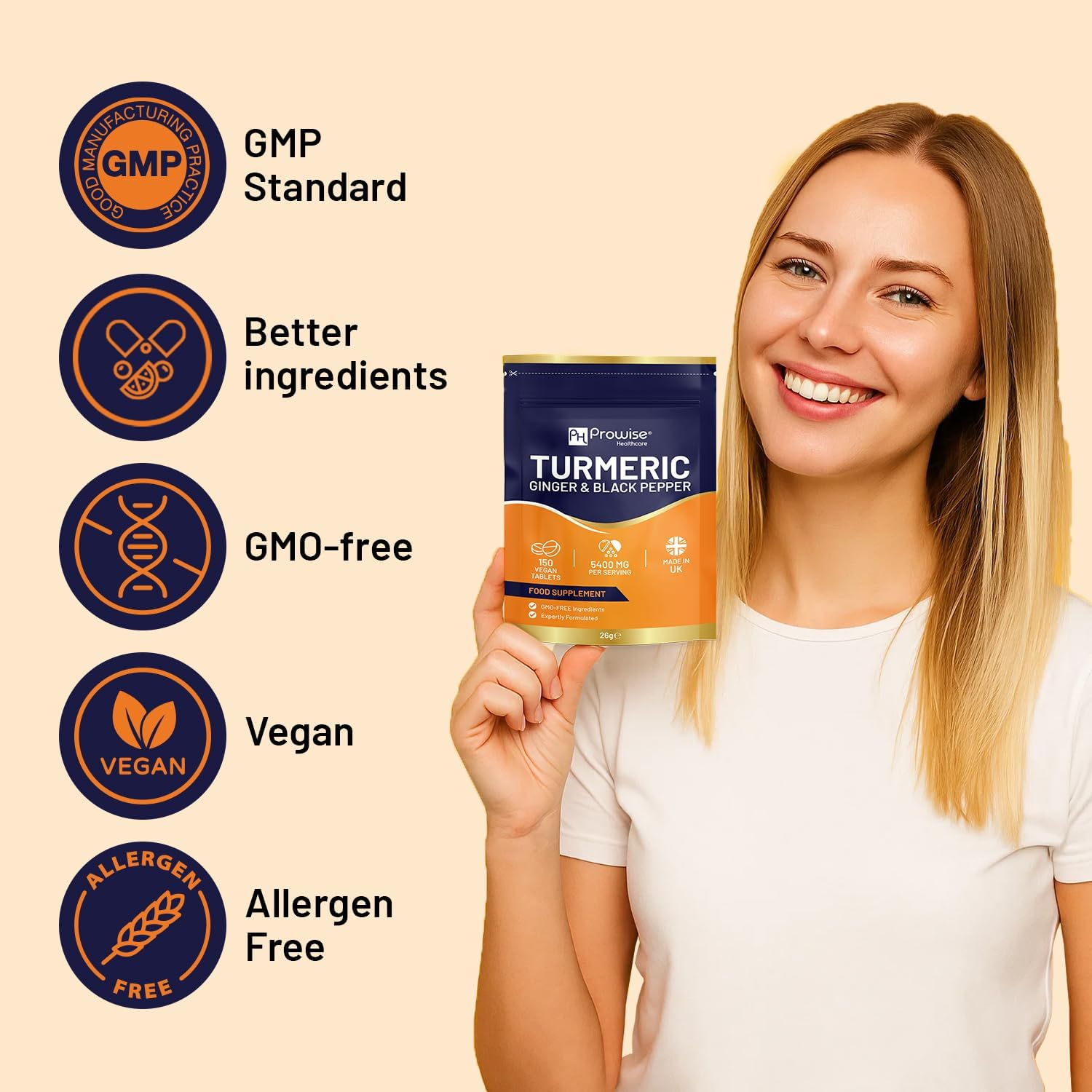 Turmeric Tablets 5400Mg with Black Pepper, Ginger - Turmeric 95% Curcumin Supplements | 150 Easy Swallow Tablets (Not Capsules or Powder) - Letterbox Friendly - Made in UK - Prowise image number 1