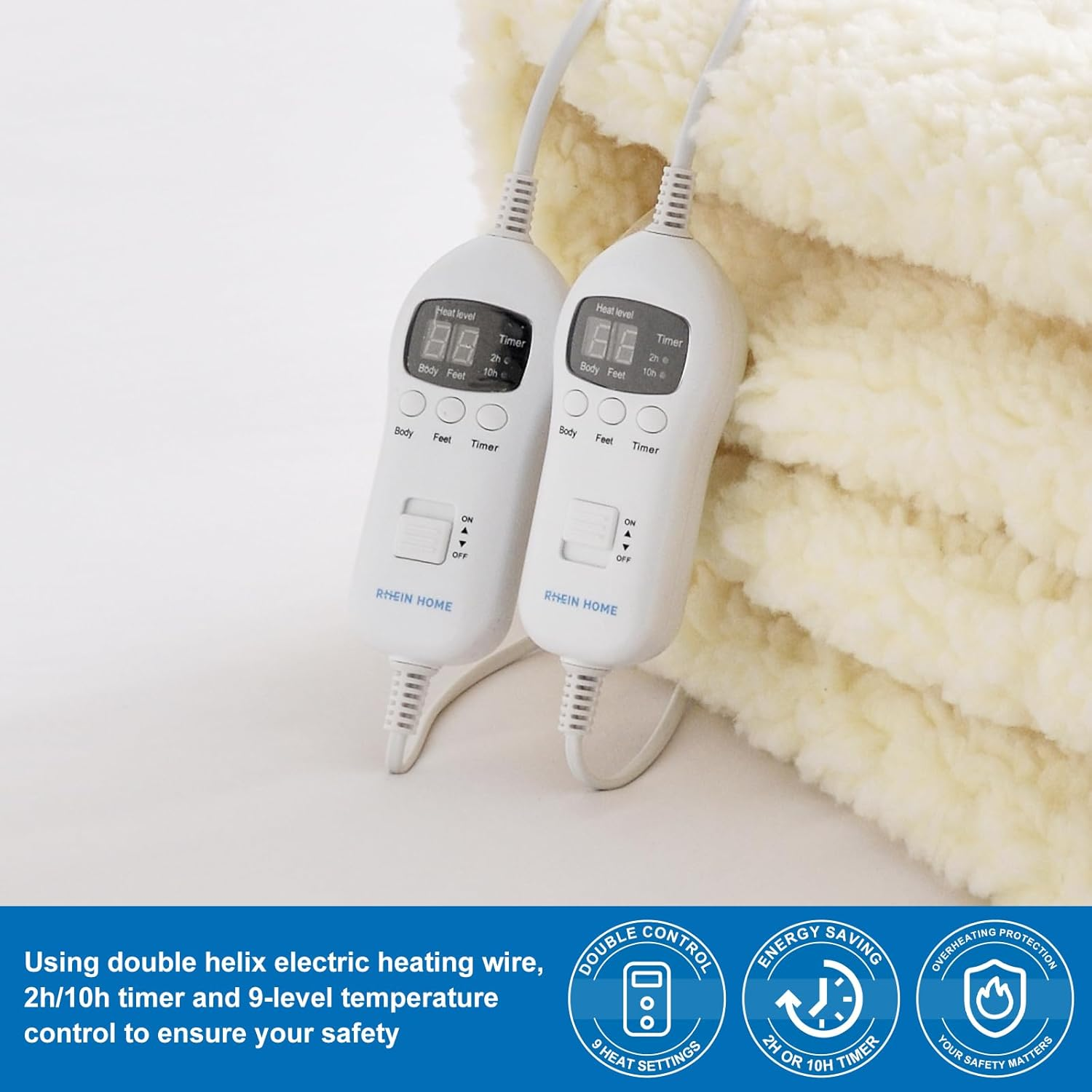 RHEIN HOME Heated Blanket King Size 203&times;182Cm Electric Blanket Fleece Top Multizone Dual Control Fitted Heated Underblanket with Timer Machine Washable Bed Warmer with Gift Bag image number 3