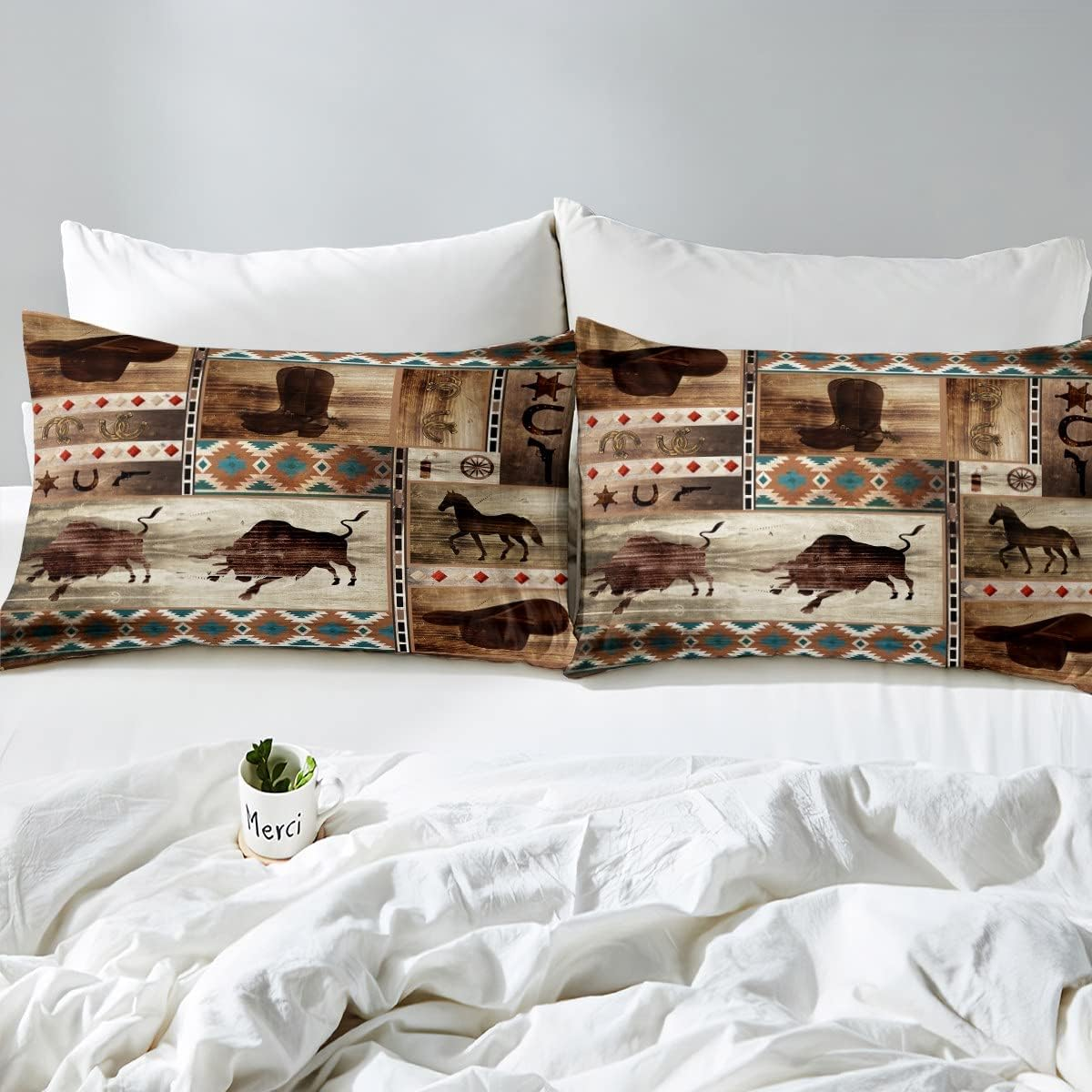 Western Cowboy Bed Linen Sets Bull Horse 155 X 220 Cm Duvet Cover for Boys Men Boho Aztec Comforter Cover Rustic Farmhouse Horseshoe Bed Set 1 Pillowcase Retro Brown Southwestern Room Decor