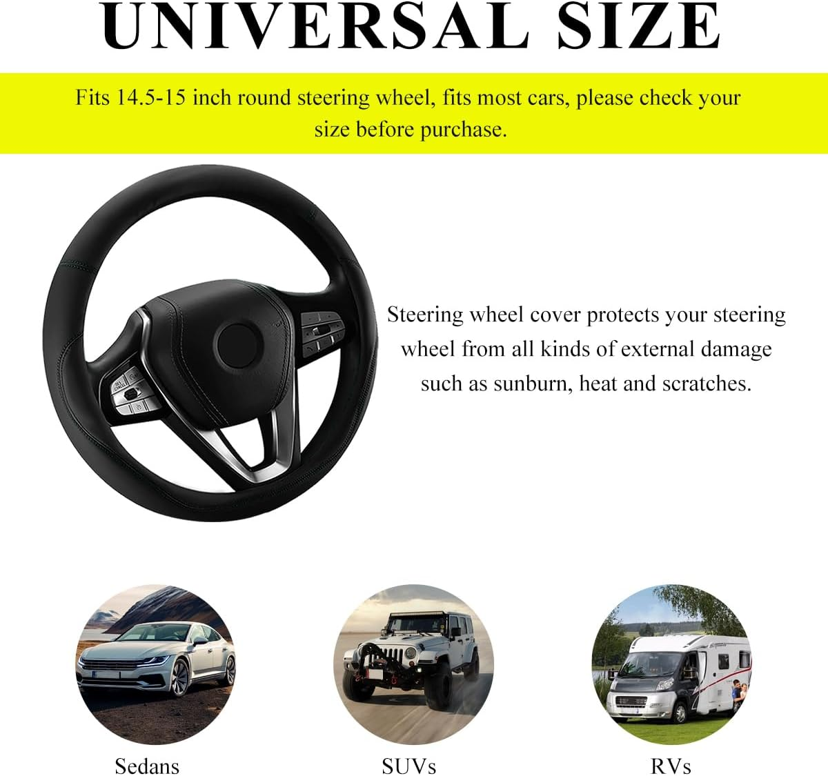Car Steering Wheel Cover, Premium Leather Steering Wheel Protector with Anti-Slip Lining, Universal 15" Soft Breathable Auto Steering Wheel Cover, Interior Car Accessories (Black)