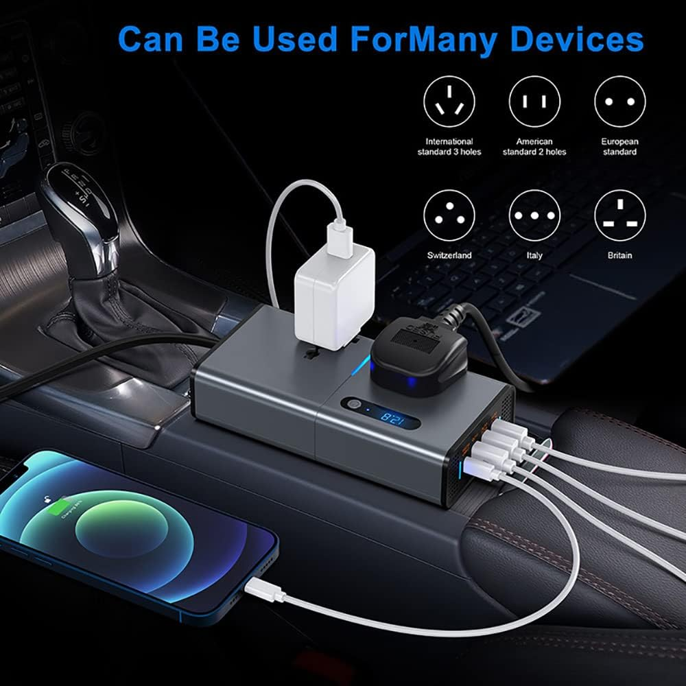200W Car Power Inverter, DC 12/24V to 230V AC Inverter,3 USB 1 Type-C Ports Charger Adapter Plug Converter with Switch and Current LED Screen,Suitable for Car, SUV & Truck (Sliver Grey) image number 4