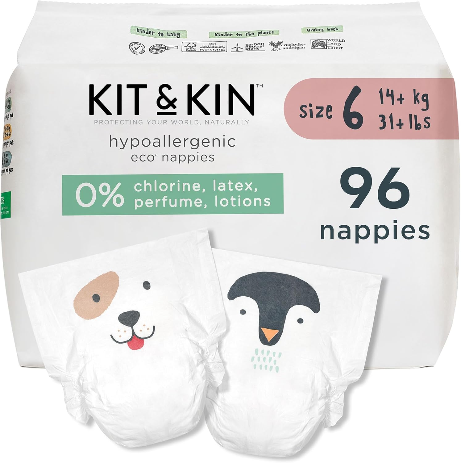 Kit & Kin Premium Eco-Friendly and Sustainable Baby Nappies Size 6 | Hypoallergenic with Flash Dry High-Performance Layer | Vegan & Chlorine-Free | Superior Leak Protection | 96 Nappies image number 5