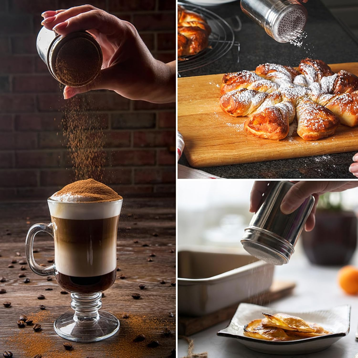 Stainless Steel Powder Shaker with 16 Piece Printing Stencils Chocolate Shaker for Coffee Cocoa Powder Durable Food Grade 304 Stainless Steel Easy Clean and Freshness Seal Ideal for Kitchen Use