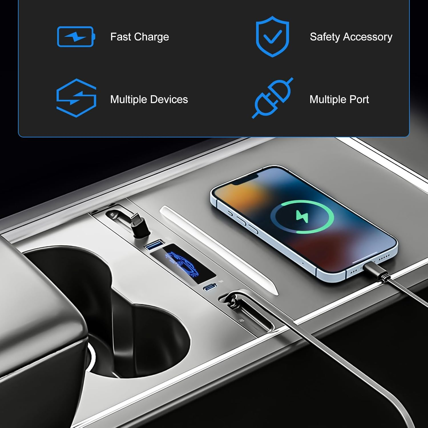 Moravartisan Center Console USB Hub for Tesla Model Y 2021-2024 Model 3 2021-2023, Docking Station Adapter with Retractable Charging Cables, Usb-C and Usb-A Fast Charger Expansion Dock, Backlit Logo image number 6