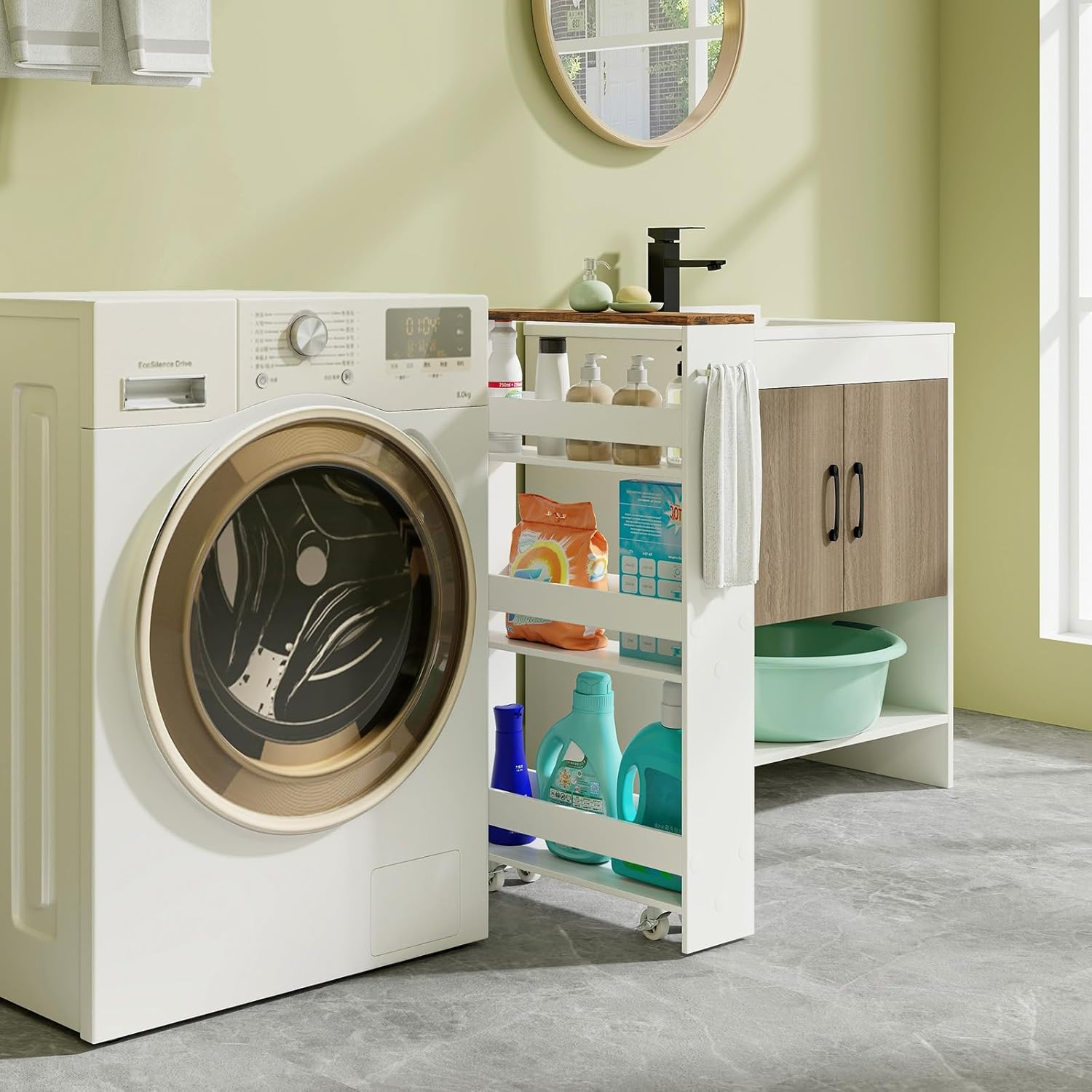 Costway Slim Storage Cart W/Handle, 4-Tier Slide Out Utility Cart, Shelving Unit Organizer Trolley for Narrow Places, Perfect for Laundry, Kitchen, Living Room (Rustic Brown+White) - Rustic Brown+White image number 3