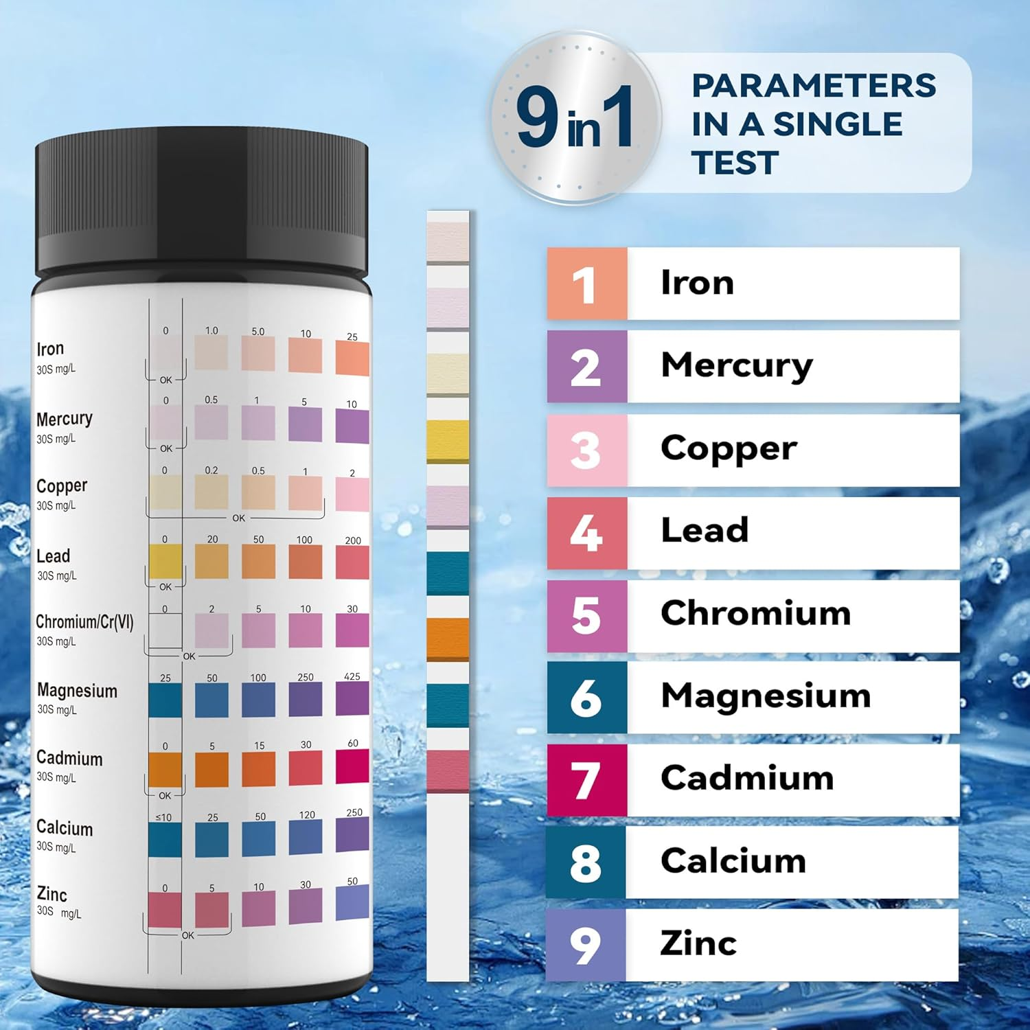 9 Way Heavy Metals Water Test Strips, 100Ct Home Water Testing Kit for Iron, Mercury, Copper, Lead, Chromium, Magnesium, Cadmium, Calcium,Zinc image number 4