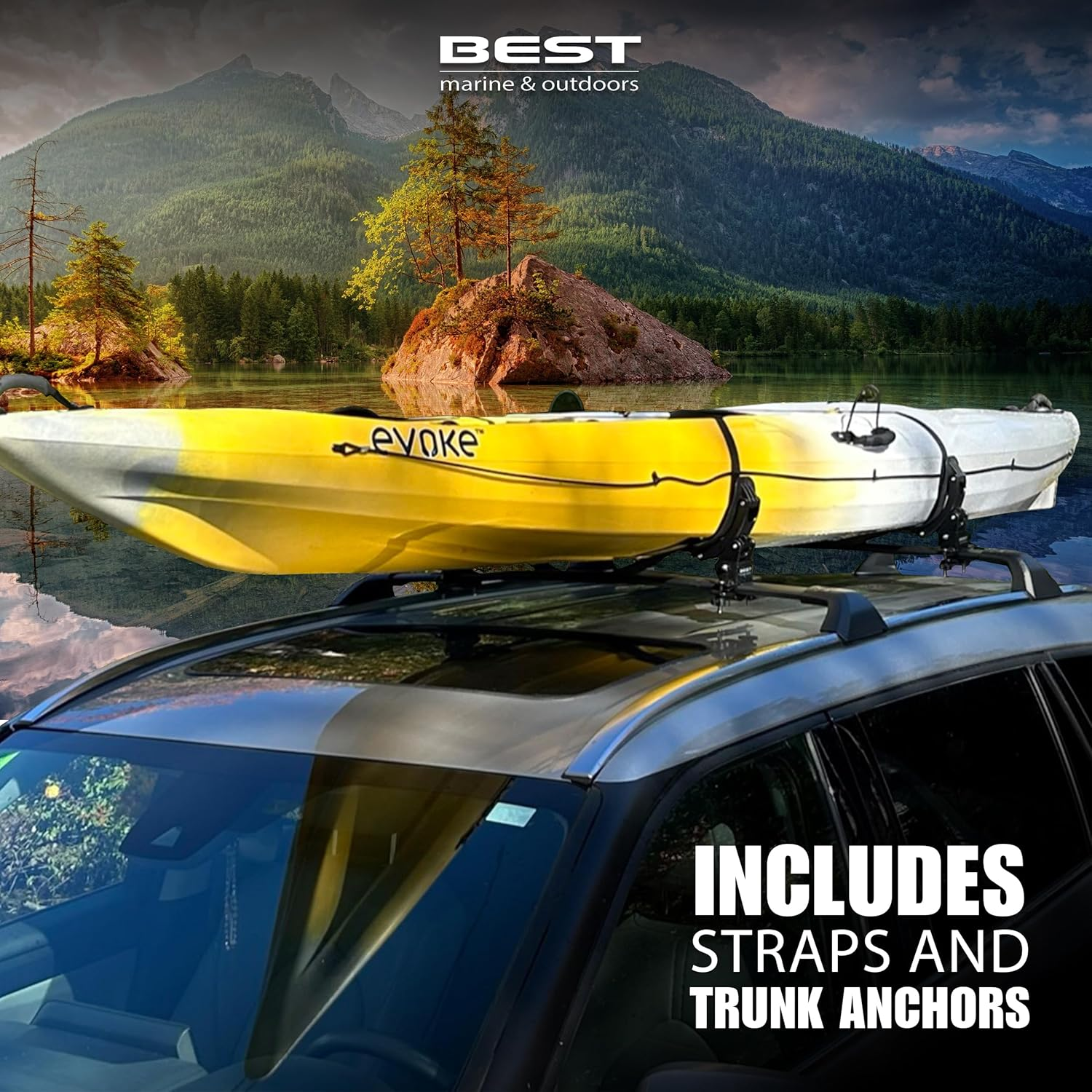 Best Marine and Outdoors Kayak Roof Rack Saddles | Universal Carrier Cradles for Kayaks & Canoes Rooftop Mount Cars, Trucks SUV Crossbars Rails Straps Included Black image number 4