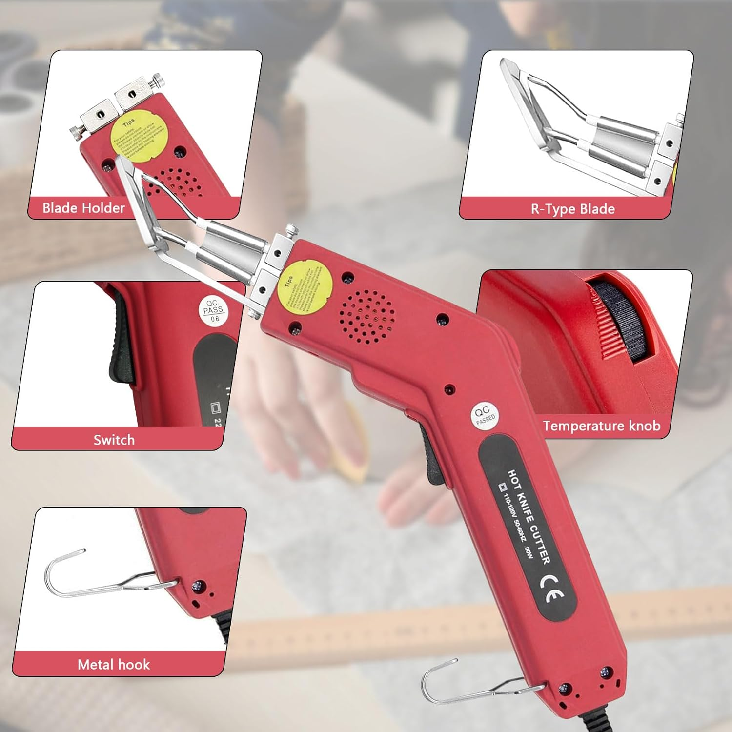 100W Electric Hot Knife Rope Cutter Hot Knife Cutting Tool Fabric Cutter with Heat Dial, 2 Blades, Wire Brush & Hex Wrench &ndash; for Synthetic Fabric, Straps, Canvas, Webbing, Cord image number 6