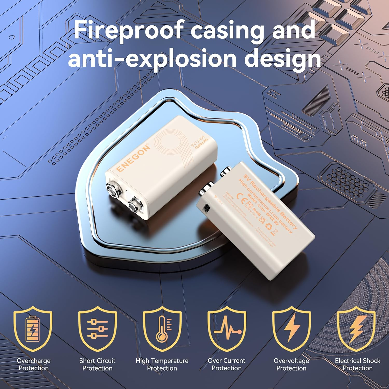 ENEGON 9V 2Pack Rechargeable Lithium Battery 3.7Wh/1000Mah Type-C Fast Charging, 9V/0.6A Stable Output, Compatible with Multimeter/Wireless Microphone/Smoke Detector and More - 6F22 image number 2