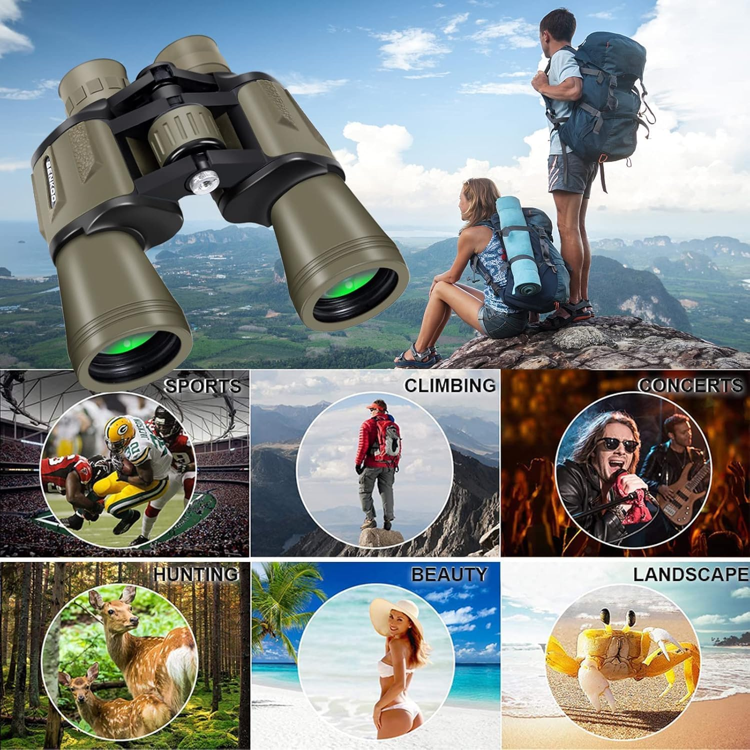 20X50 High Power Binoculars for Adults, HD Waterproof Binoculars with BAK4 Prism & FMC Lens,Portable Binocular Bird Watching Hunting Football Games Cruise with Carrying Bag,Strap,Phone Adapter-Green image number 3