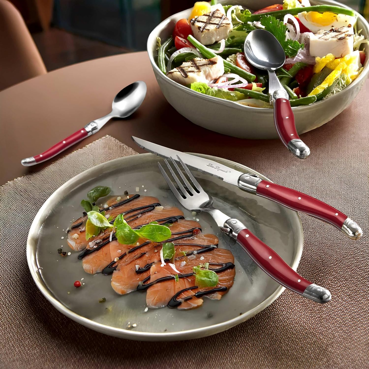 Lou LAGUIOLE Tradition Steak Knife Cutlery Set 24 Pieces | Steak Cutlery with Tradition and Style | Handles in Red | Serrated Knife | Barbecue Cutlery Set | Sharp Knives | Cutlery Set for 6 People - Red image number 4