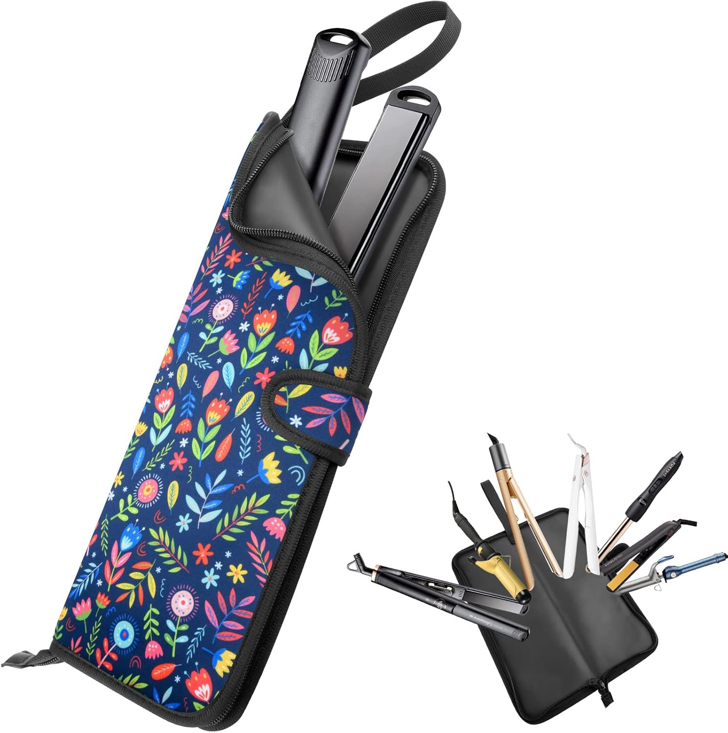 Heat Resistant Flat Iron Case, Portable Hair Straightener Pouch, Curling Iron Neoprene Cover with Silicone Mat for Hair Styling Tools 13 X 5 Inches (Black)