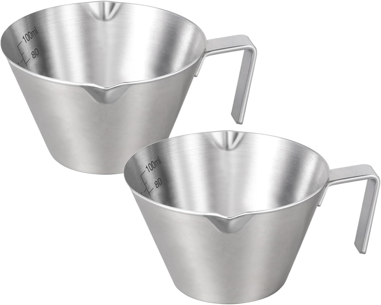 YARRAMATE Espresso Cup with Handle, Stainless Steel Accessories 2Pcs, Double Spout Metal Measuring Cup with Dual Scale, V-Shaped Mouth Shot Glass (Silver), 3.4OZ / 100ML