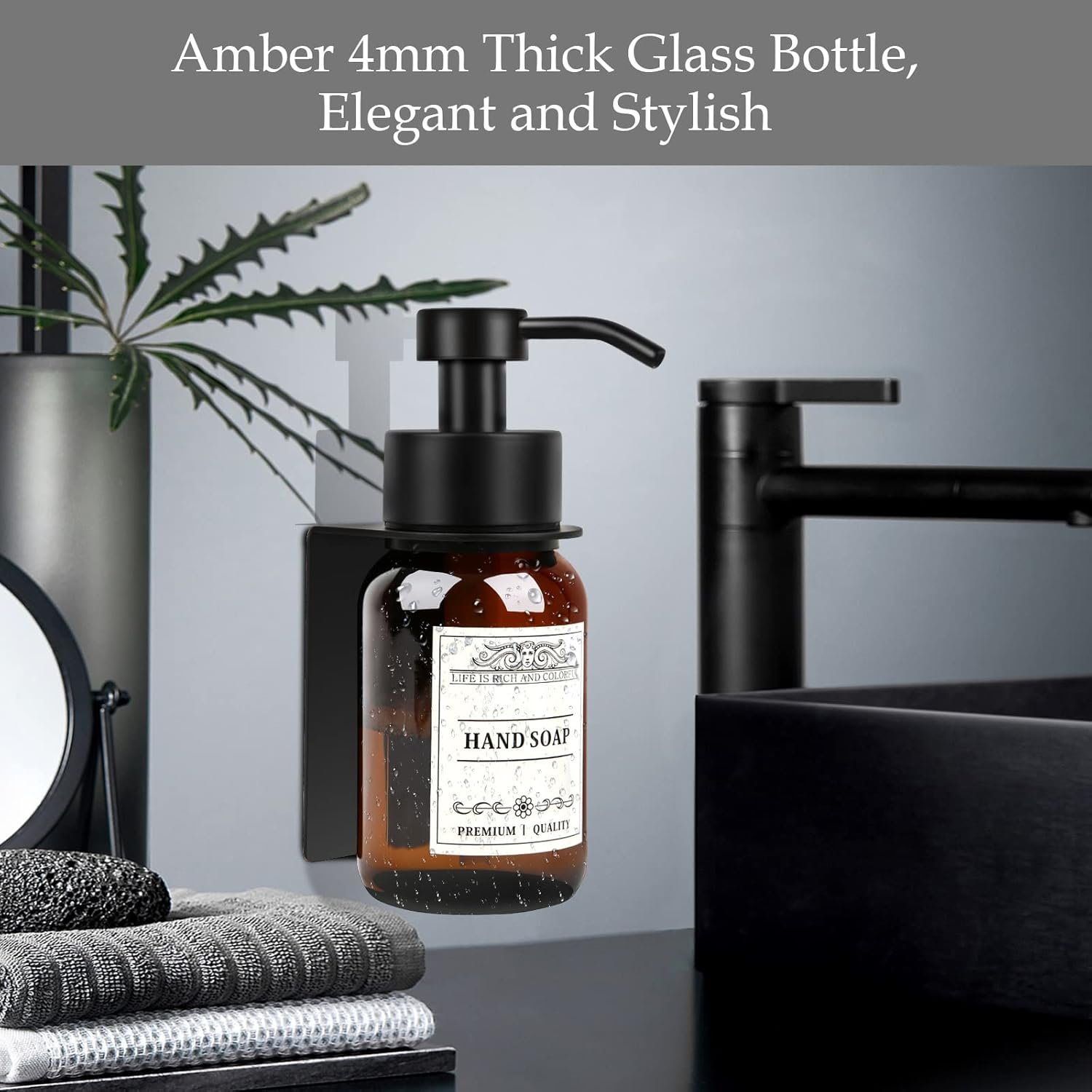 Glass Soap Dispenser with Pump and Wall Mount Holder,8.5 Oz Shampoo and Conditioner Dispenser with Waterproof Labels(Brown) image number 3