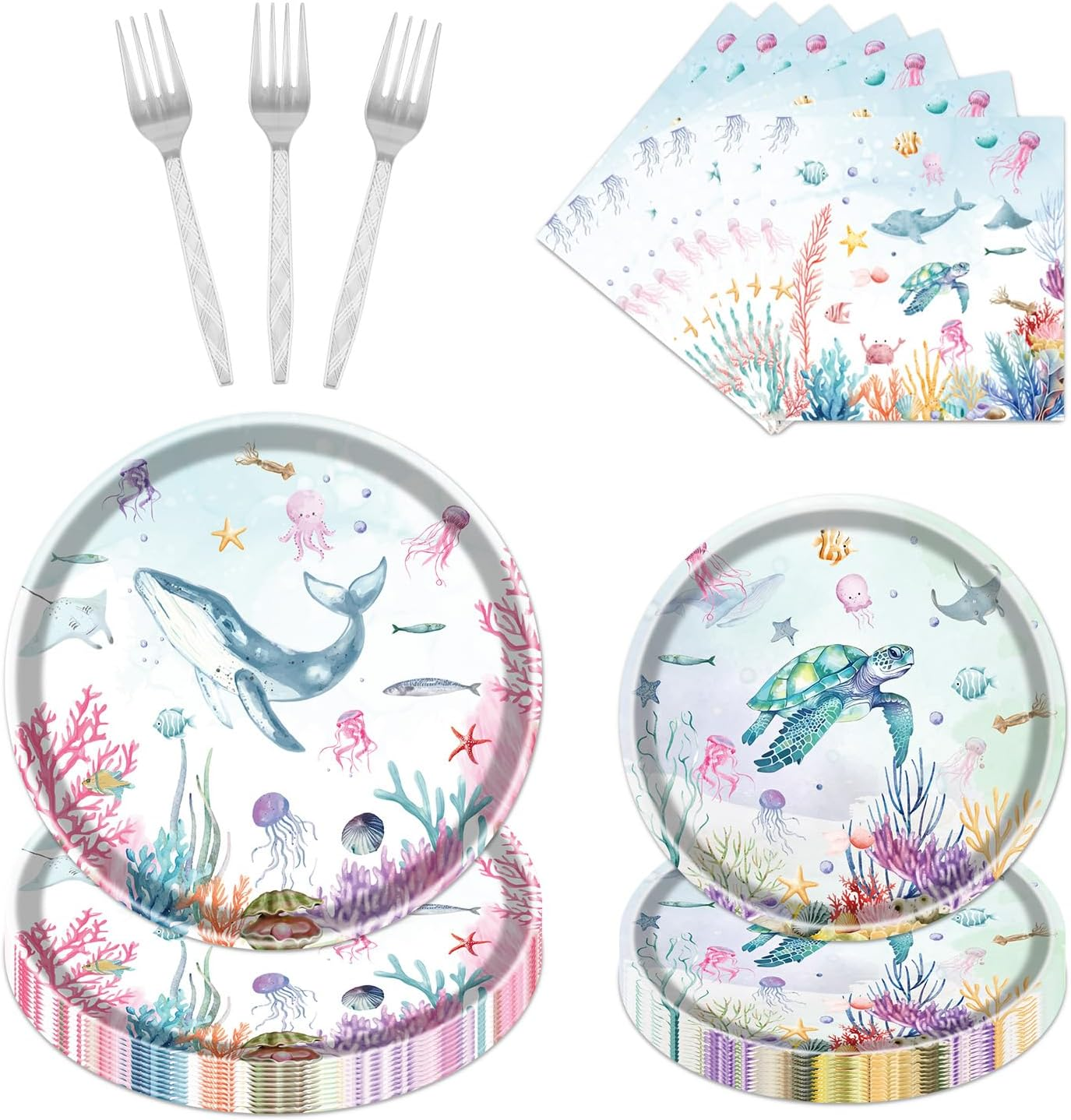 Under the Sea Party Decorations, 96PCS Ocean Themed Party Plates and Napkins Forks Decorations, Ocean Animals Disposable Underwater Whales Dolphins Baby Shower Supplies Serve 24 image number 1