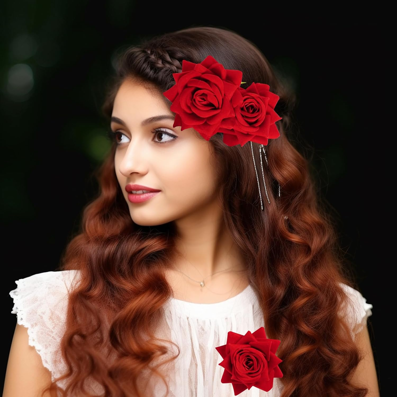 Topbuti 3 Pcs Rose Flower Hair Clip Rose Brooch Flamenco Dancer Hairpin Mexican Hair Accessories for Woman Girls Wedding Party Mother'S Day Halloween Costume (2 Styles) (Red) - Blue image number 7