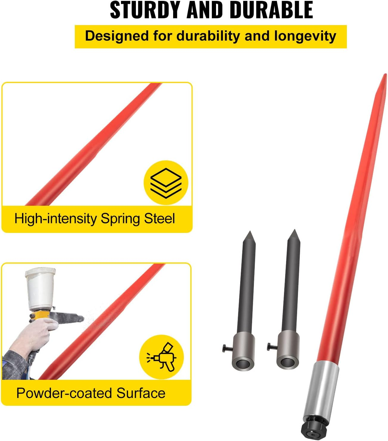 VEVOR Hay Spear 49" Bale Spear 3000 Lbs Capacity, Bale Spike Quick Attach Square Hay Bale Spears, Red Coated Bale Forks, Bale Hay Spike with 2 Stabilizer Spears image number 4