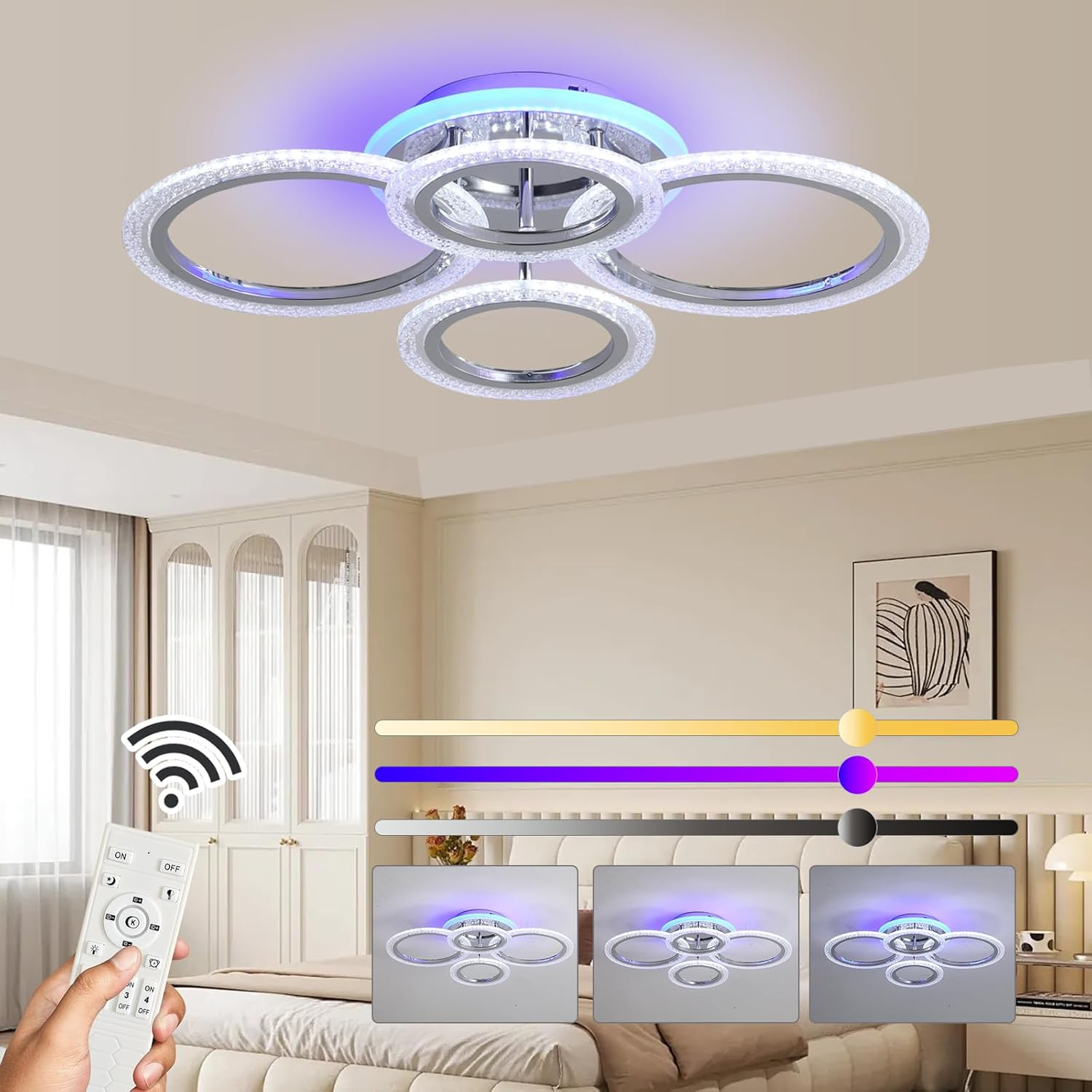 ZAITINZ Modern LED Ceiling Light,70W Flush Mount Ceiling Light,Dimmable Ceiling Lights for Bedroom,6 Rings Lighting Fixture LED Ceiling Lamp for Kitchen,Living Room,Laundry Room,3000-6000K,White