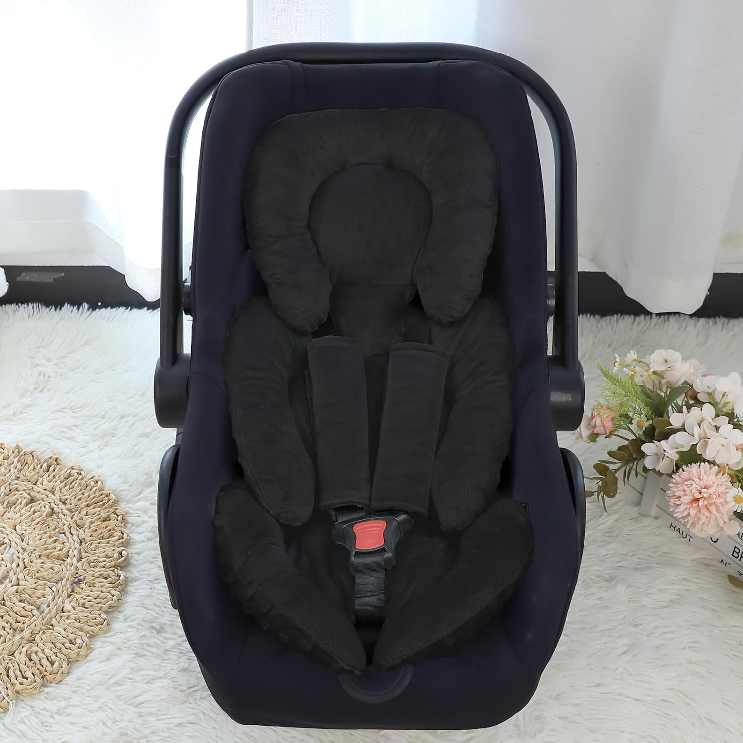 GFU Infant Car Seat Insert Head and Body Support, Reversible Newborn Insert for Carseat with Strap Pads, Soft Stroller Cushion Pillow Insert for Stroller, Swing, Black image number 1