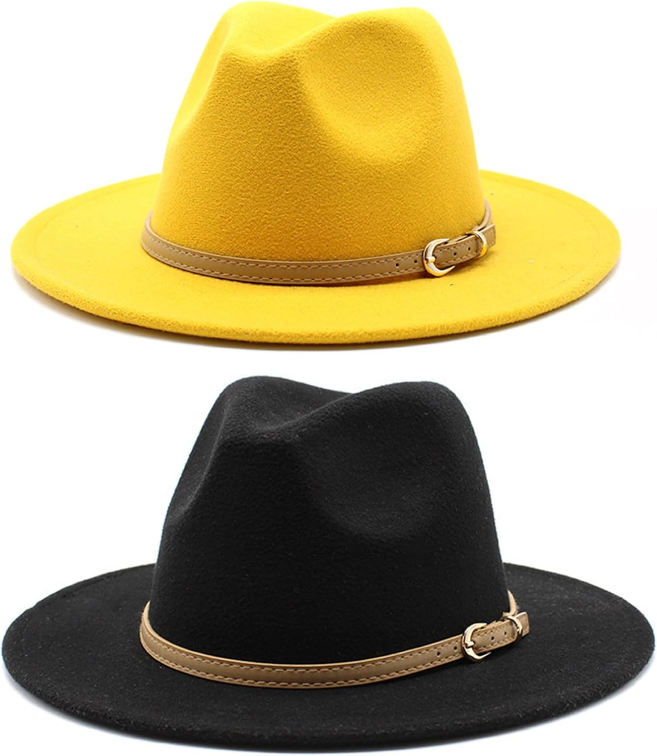 Muzrunq Felt Hats Felt Cowboy Hat with Leather Belt Wide Brim Western Hat Jazz Hats for Dress up Party Accessories Yellow Felt Hats for Women, Felt Cowboy Hat- image number 1