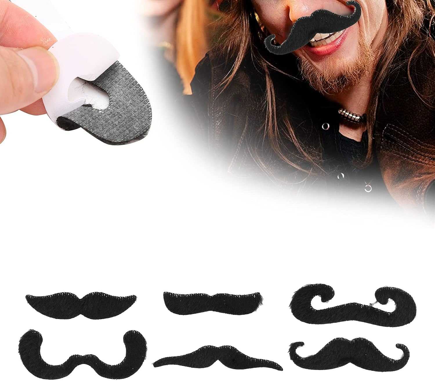 6Pcs Fake Black Moustache, Self Adhesive Fake Mustache for Halloween Party, Costume, Mustache Party Supplies and Holiday Decorations, Easy to Put on and Take Off image number 6