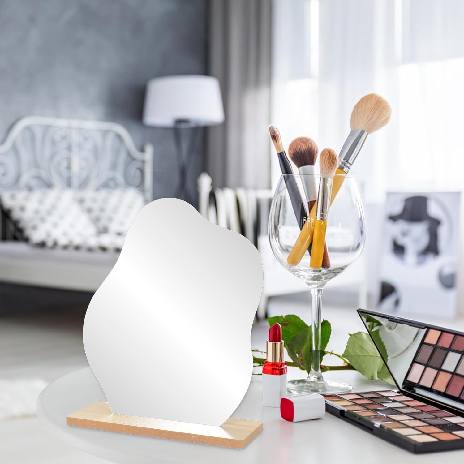 Irregular Aesthetic Vanity Mirror Frameless, Acrylic Vanity Makeup Mirror for Desk with Stand, Decorative Desk Tabletop Mirrors for Living Room, Bedroom, and Minimal Spaces Home Decor image number 5