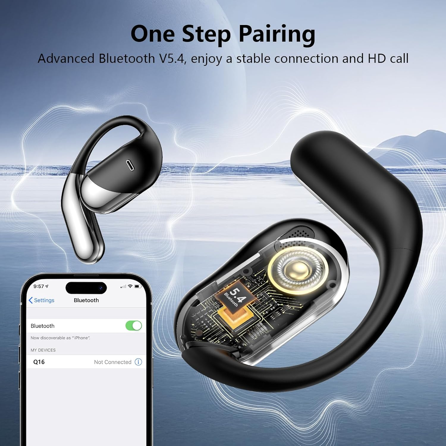 Open Ear Wireless Earbuds Headphones, Bluetooth 5.4, Built-In Mic, IPX7 Waterproof, LED Display Charging Case,Ear Hooks Clip Ear Buds，Design for Running Fitness Workout Office Game Gym