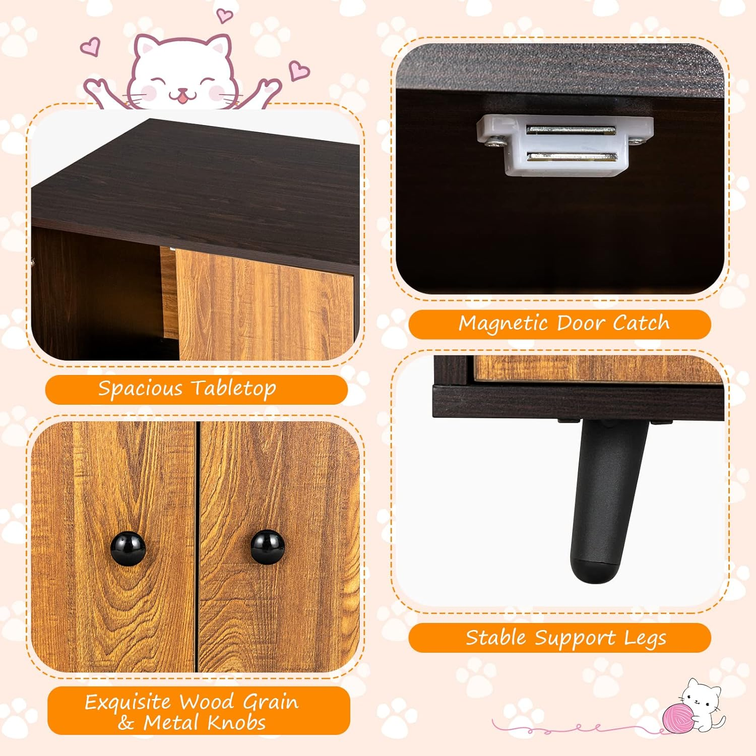 Costway Wooden Cat Litter Box Enclosure Bench, Hidden Cat Box Cabinet Furniture W/Doors, Removable Scratch Box, Water & Scratch-Proof, Walnut Cat Washroom House End Table for Indoor image number 5