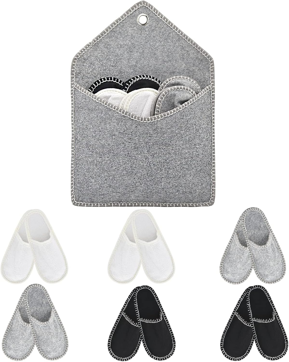 Panda Bros Fleece Felt Close Toe 5 Pairs Non Slip Indoor Family House Guest Slippers Set for Shoeless Home