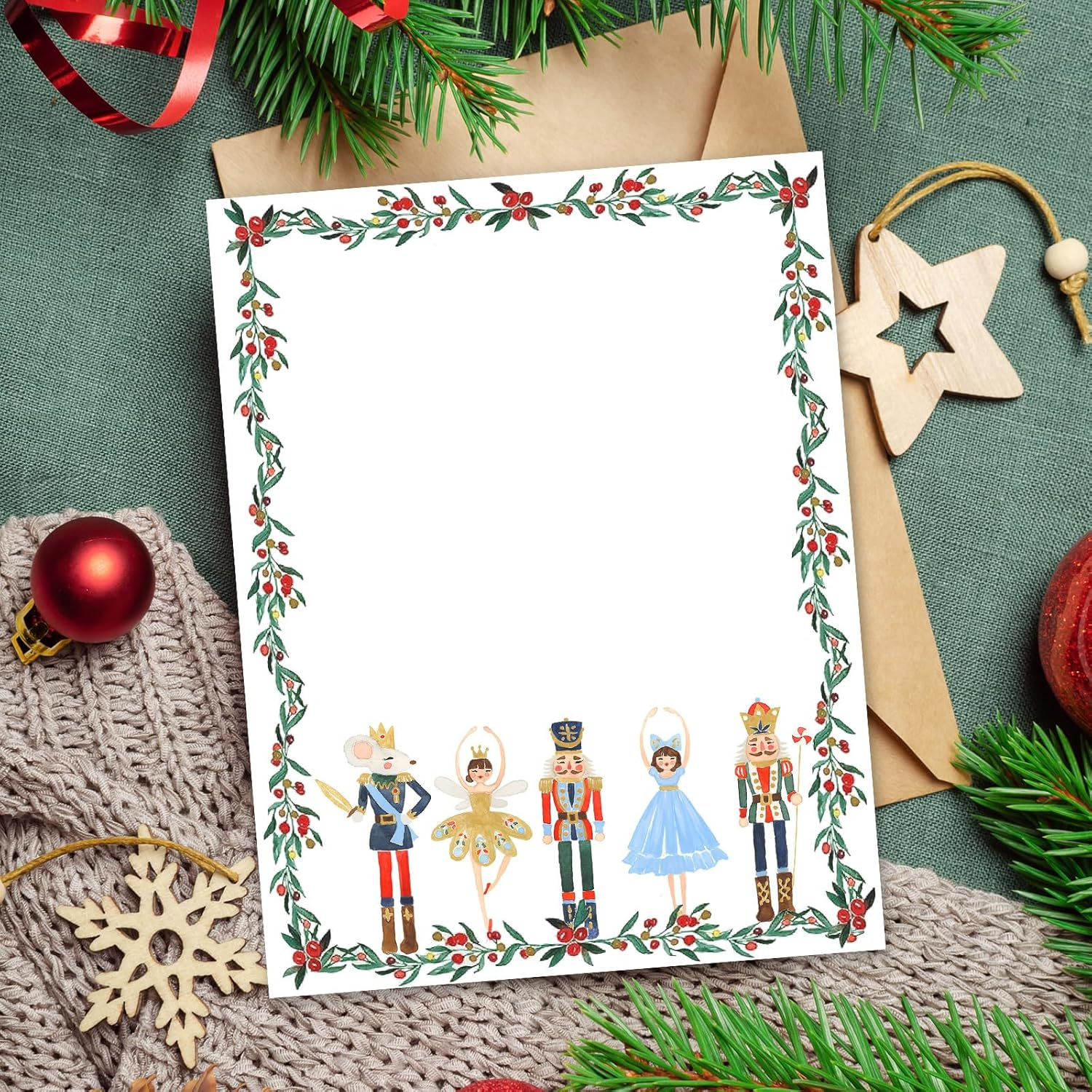 Anydesign 80Pcs Christmas Stationery Letterhead Paper Nutcracker Border Writing Paper Cartoon Floral Greeting Letter Paper for Xmas Greeting Cards Invitation Office School Printing, 8.5 X 11 Inch image number 2