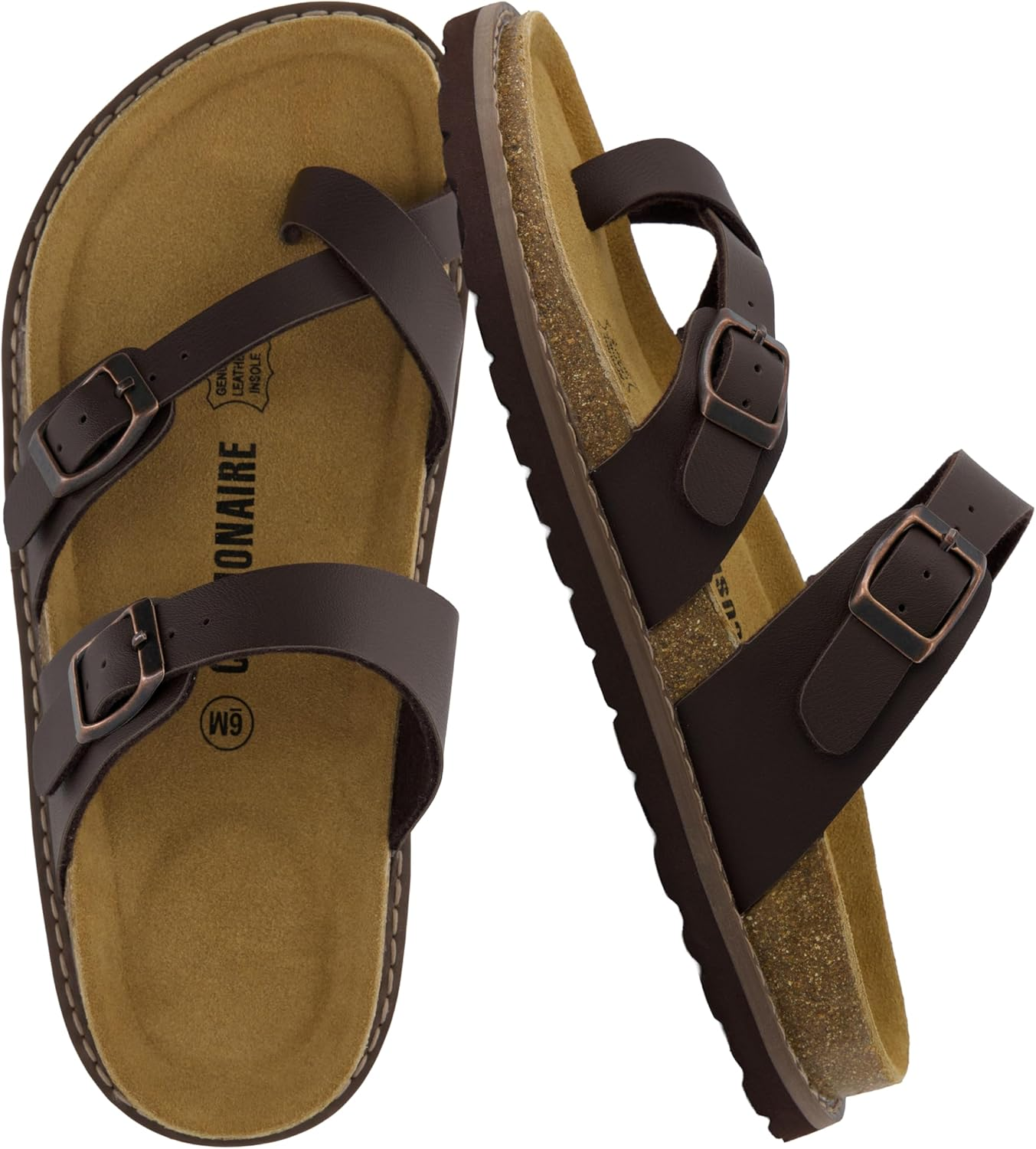 CUSHIONAIRE Pluto Cork Footbed Summer Sandals for Women Comfortable Slides with Adjustable Buckles, Toe Loop & Stitched Design &ndash; Stylish Slip on Women Footwear