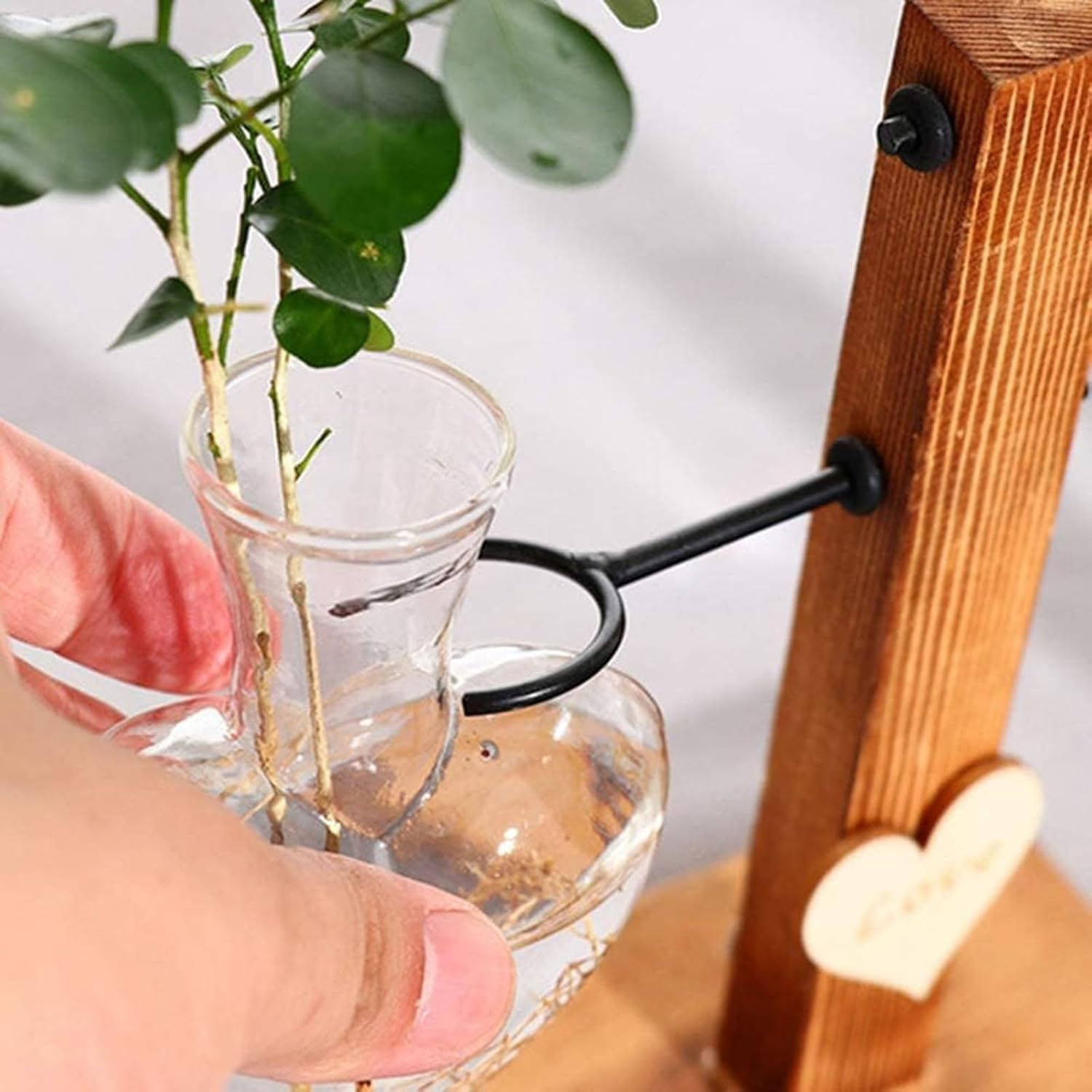 Glass Plant Terrarium with Wooden Stand,Creative Double Heart Glass Hydroponic Vases for Desktop Planter Bud Hydroponic Plant Home Garden Office Decoration (B)
