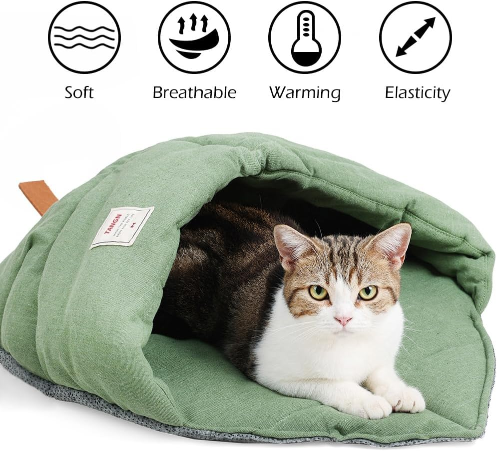 TANGN Cat Sleeping Bag, Linen Fabric Bed Cave Leaf Nest Pet Cuddle Zone Covered Hide Hood Burrowing Cozy Soft Durable Washable with Non-Slip Bottom for Indoor Puppy and Kitten (Green), PD50082 image number 5
