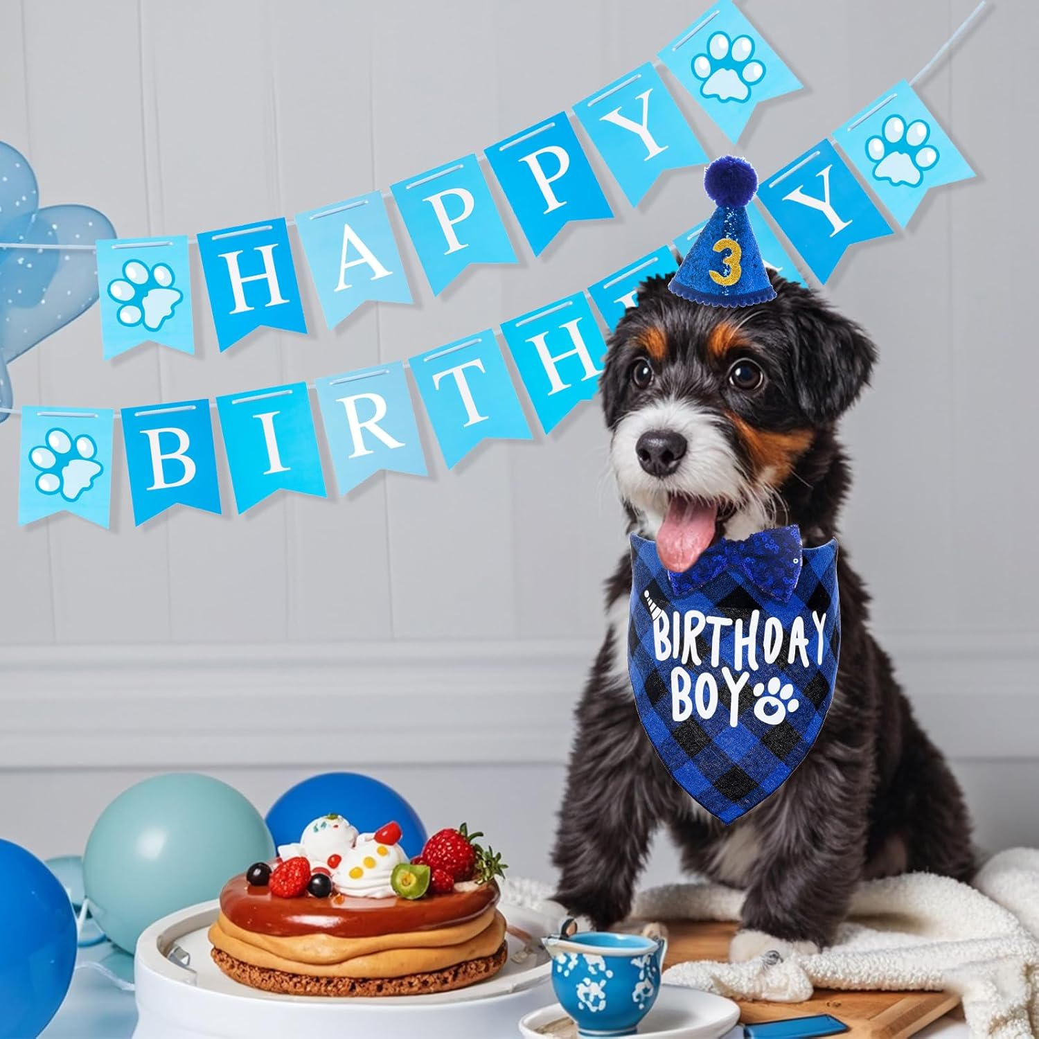 Dog Birthday Hat Bandana Set, 5 Pieces Dog Birthday Bandana Hat with 10 Bling Numbers and Happy Birthday Banner for Small, Medium and Large Dogs, Dog Birthday Decoration