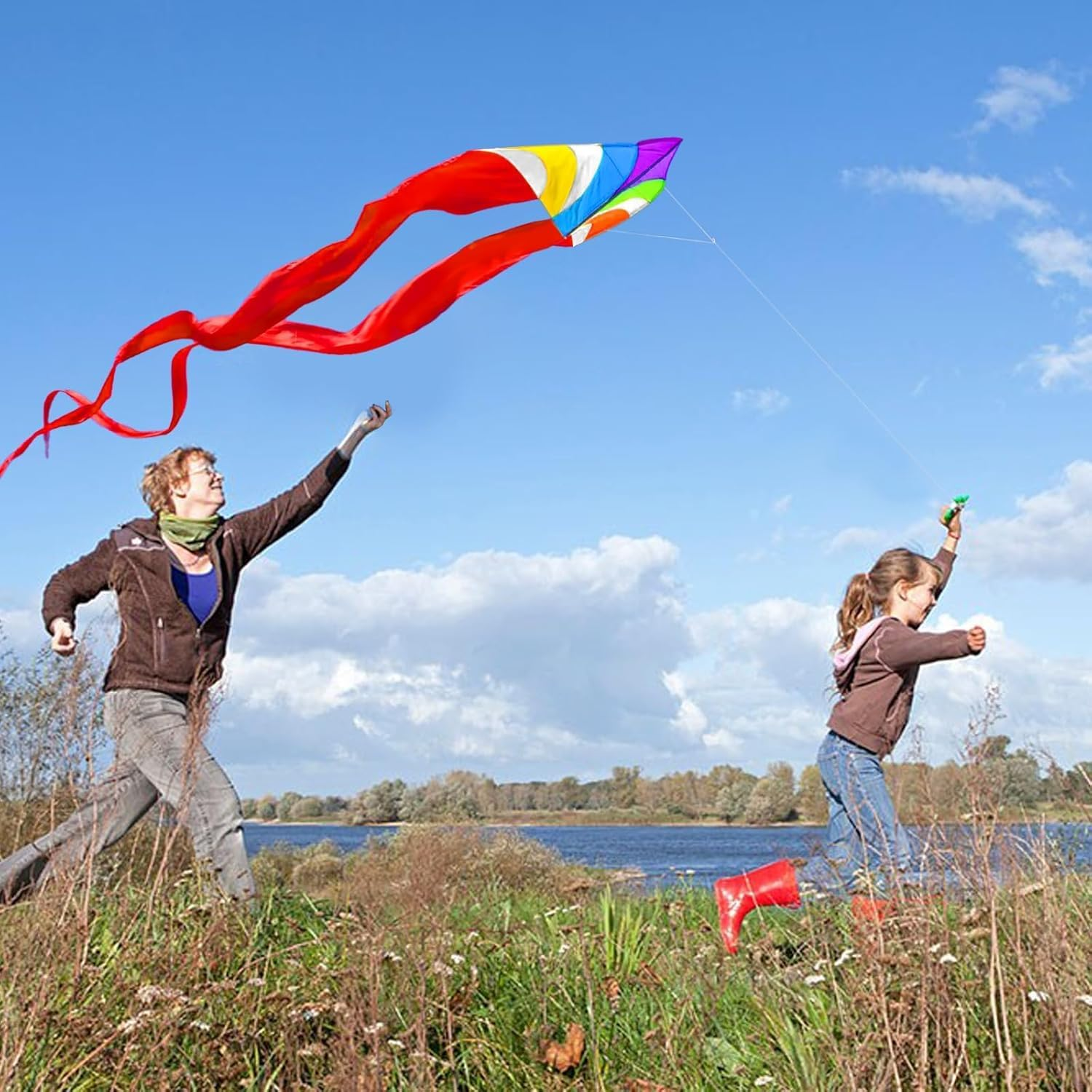Touch the Sky Colourful Triangular Kite with Double Tails for Children and Adults, Exquisite Fabrics and Unique Structure Design, Excellent Outdoor Games and Activity Toys.