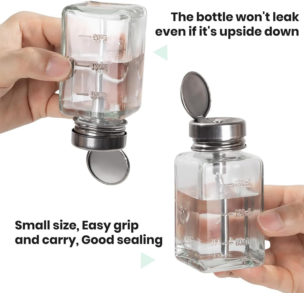 2 Pack 180 ML Square Glass Pump Dispenser Bottles &ndash; Refillable Flip-Top Bottles for Alcohol, Nail Polish Remover, Makeup Remover &ndash; Clear Travel Size Containers with Metal Cap image number 4