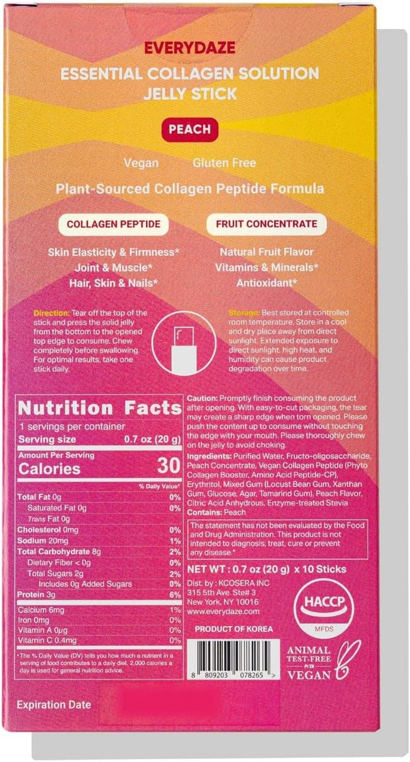 Essential Collagen Solution Jelly Stick, 3000 Mg Vegan Collagen Peptide, Vitamins & Minerals, On-The-Go Snack&hellip; (10 Packs, Peach) image number 4