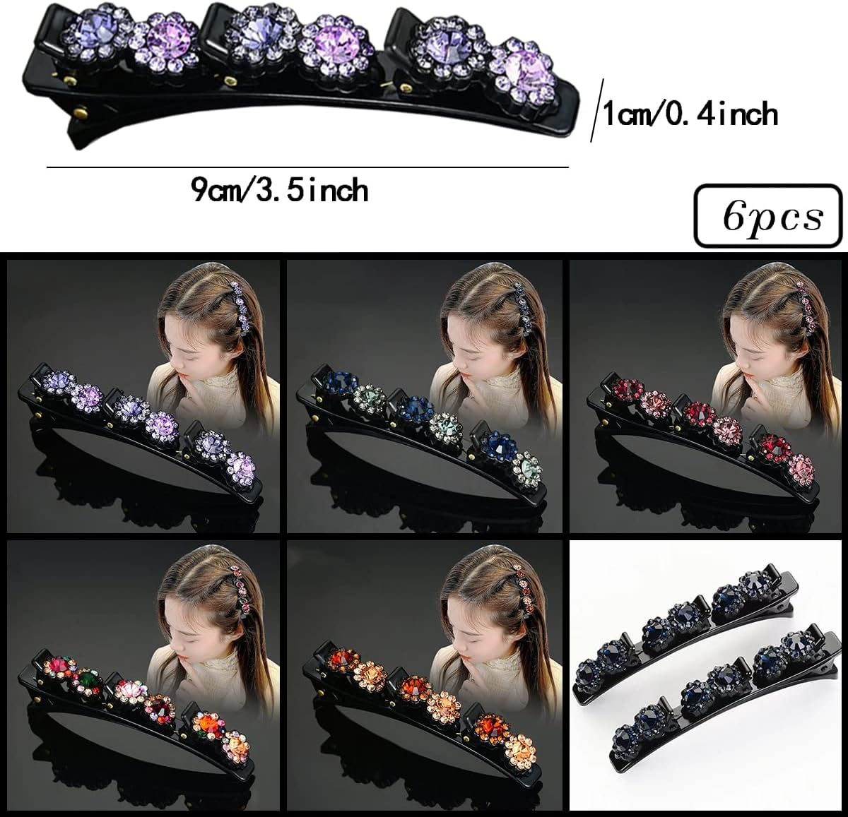 Yusier 6PCS Sparkly Rhinestone Braided Hair Clips Small Flower Hair Accessories Hair Design for Girls and Women Braided Duckbill Hair Clip with Crystal image number 2