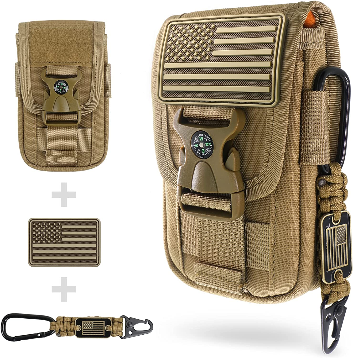 WYNEX Tactical Molle Phone Pouch with Compass Buckle, Tactical Phone Holster Molle Cell Phone Pouch Universal Belt Waist Bag for IP 15/14/13 Pro Max / S22/S21 with US Patch & Paracord Keyring Clip