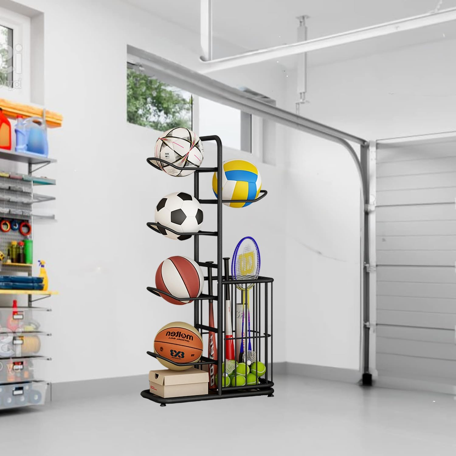 Ball Storage Rack Basketball Storage Holder Sports Equipment Storage Rack, Basketball Racks for Balls, 5-Balls Stand for Garage Basement Living Room image number 1