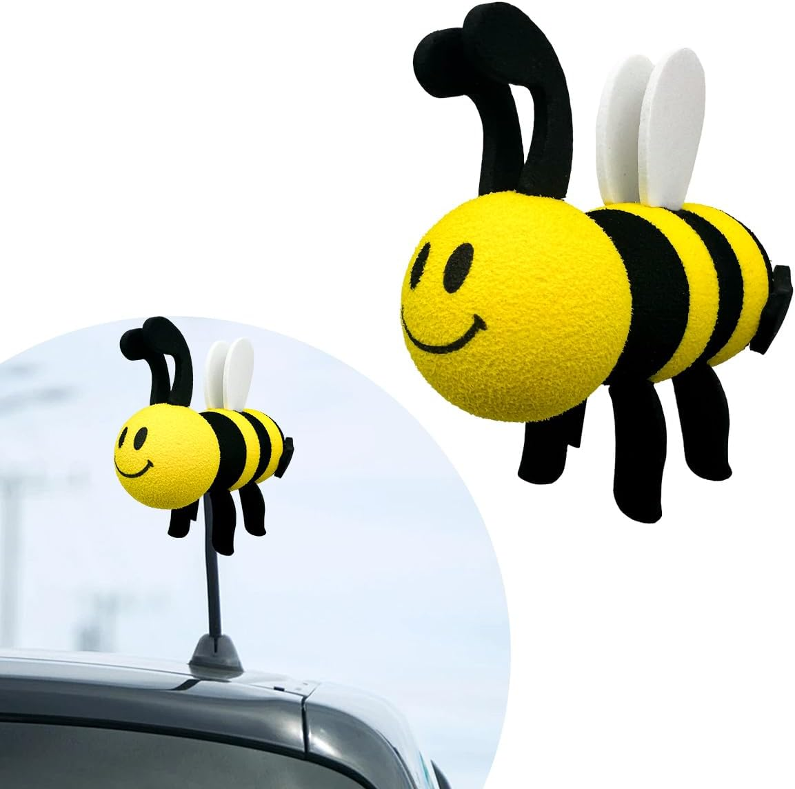 Bee Car Antenna Toppers, Automotive Roof Lovely Face Bumble Bee Antenna Balls Stickers Decor, EVA Funny Cute Honey Bee Antenna Hat for Vehicles, Universal Car Accessories (White)