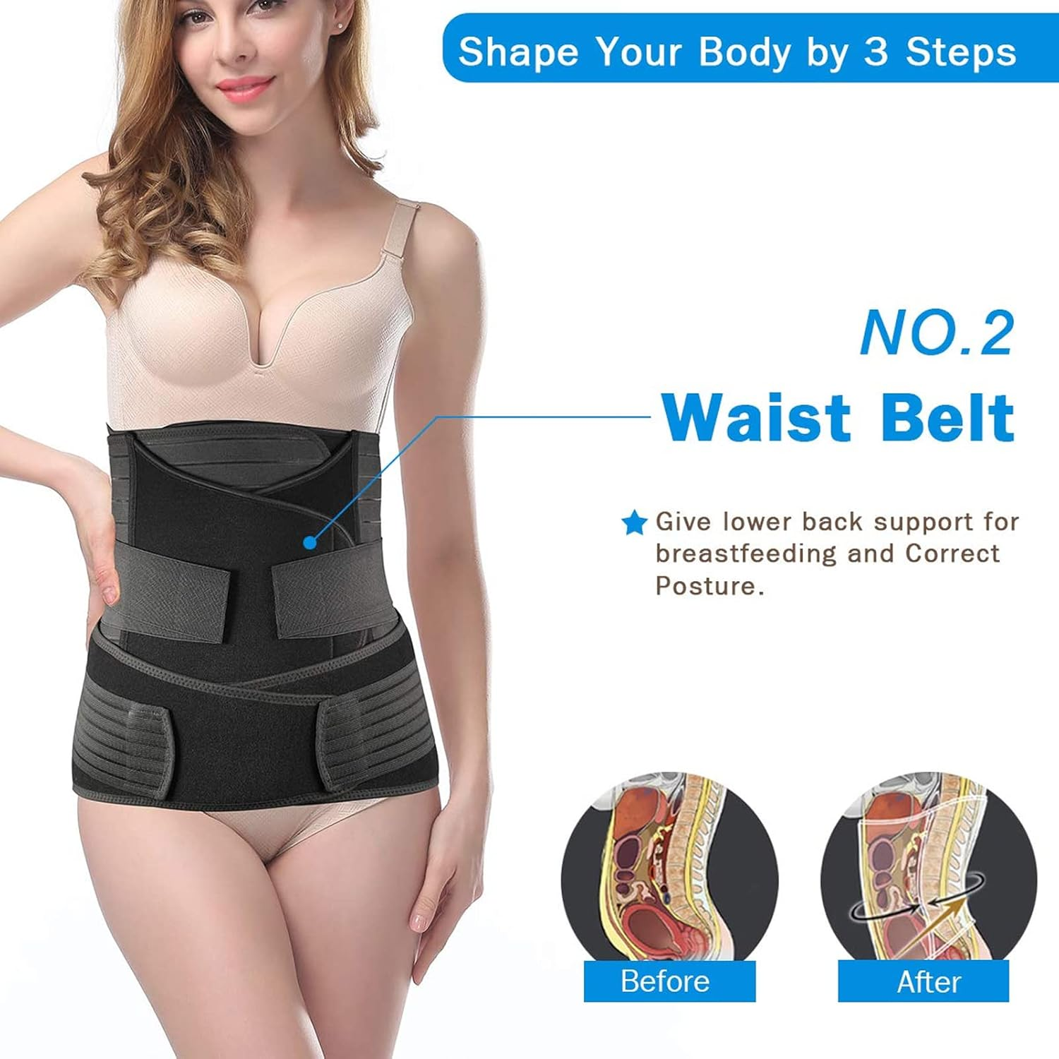 Tirain 3 in 1 Postpartum Support - Recovery Belly/Waist/Pelvis Belt Shapewear (One Size (US 4-12), Black) image number 3