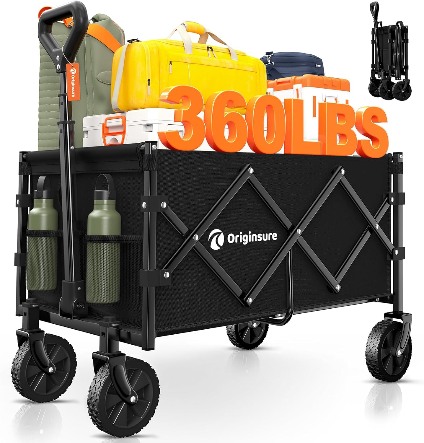 Originsure Collapsible Wagon Cart Foldable - Portable Heavy Duty Folding Beach Wagons with Wheels - Outdoor Utility Carts for Groceries, Shopping, Camping, Sports, Garden with Large Capacity - Black image number 1