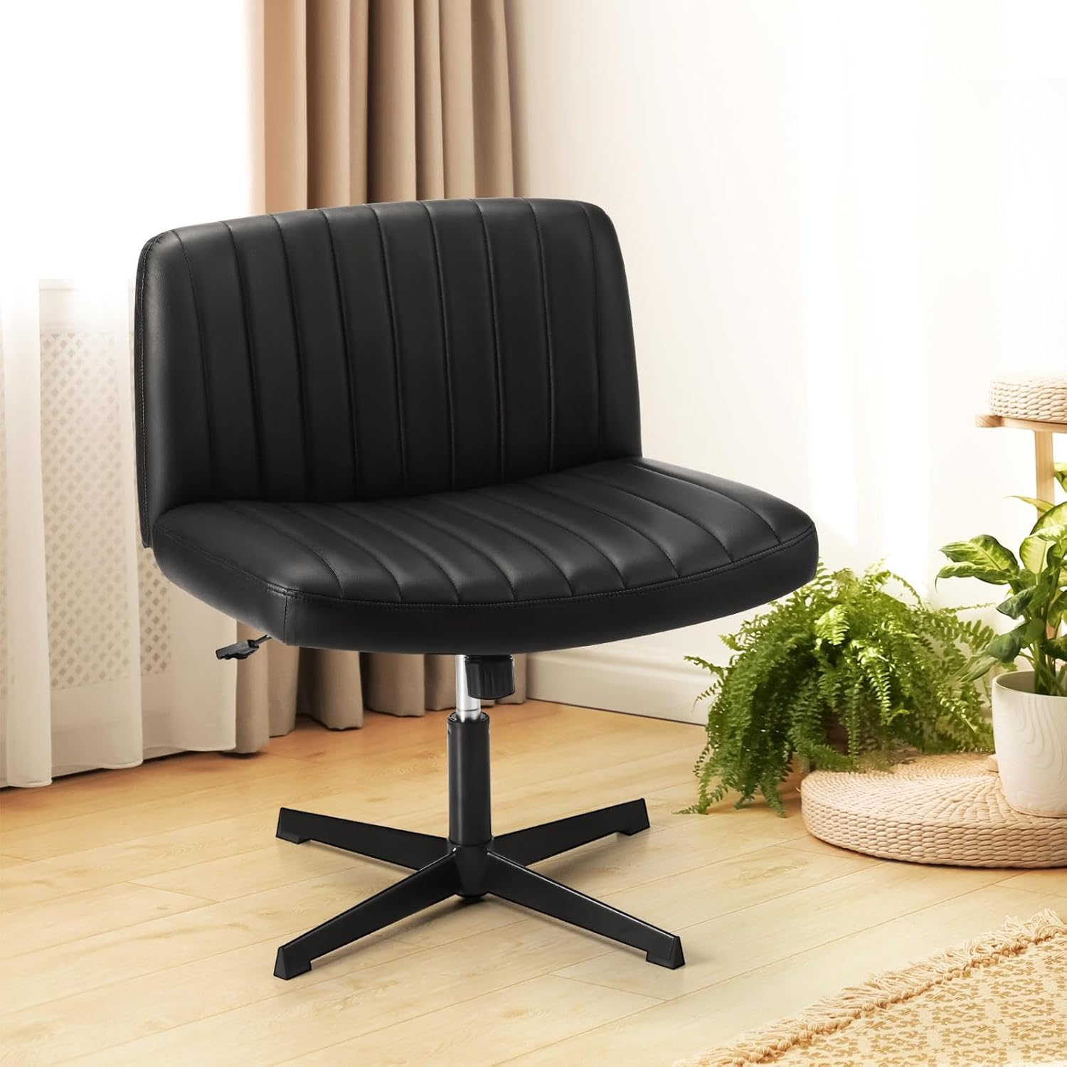 Oikiture Home Office Chair with Pu Leather Cover and Wider Seat Beige Cross Legged Office Chair