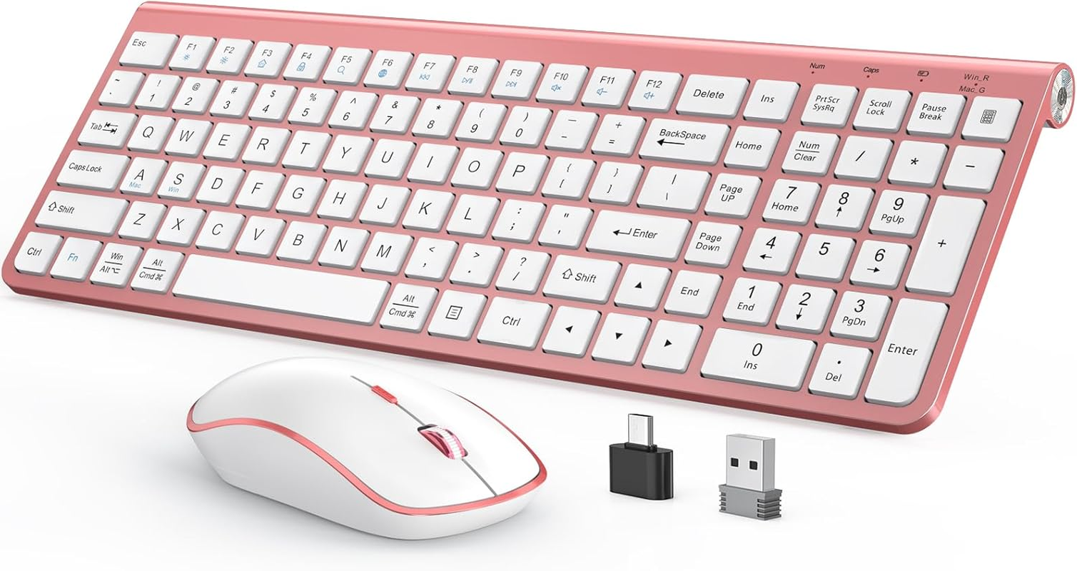 JOYACCESS Pink Wireless Keyboard and Mouse, Typewriter Keyboard Wireless, Ergonomic and Quiet Computer Mouse for for Desktop/Pc/Laptop/Surface/Smart TV and Windows 10/8/ 7